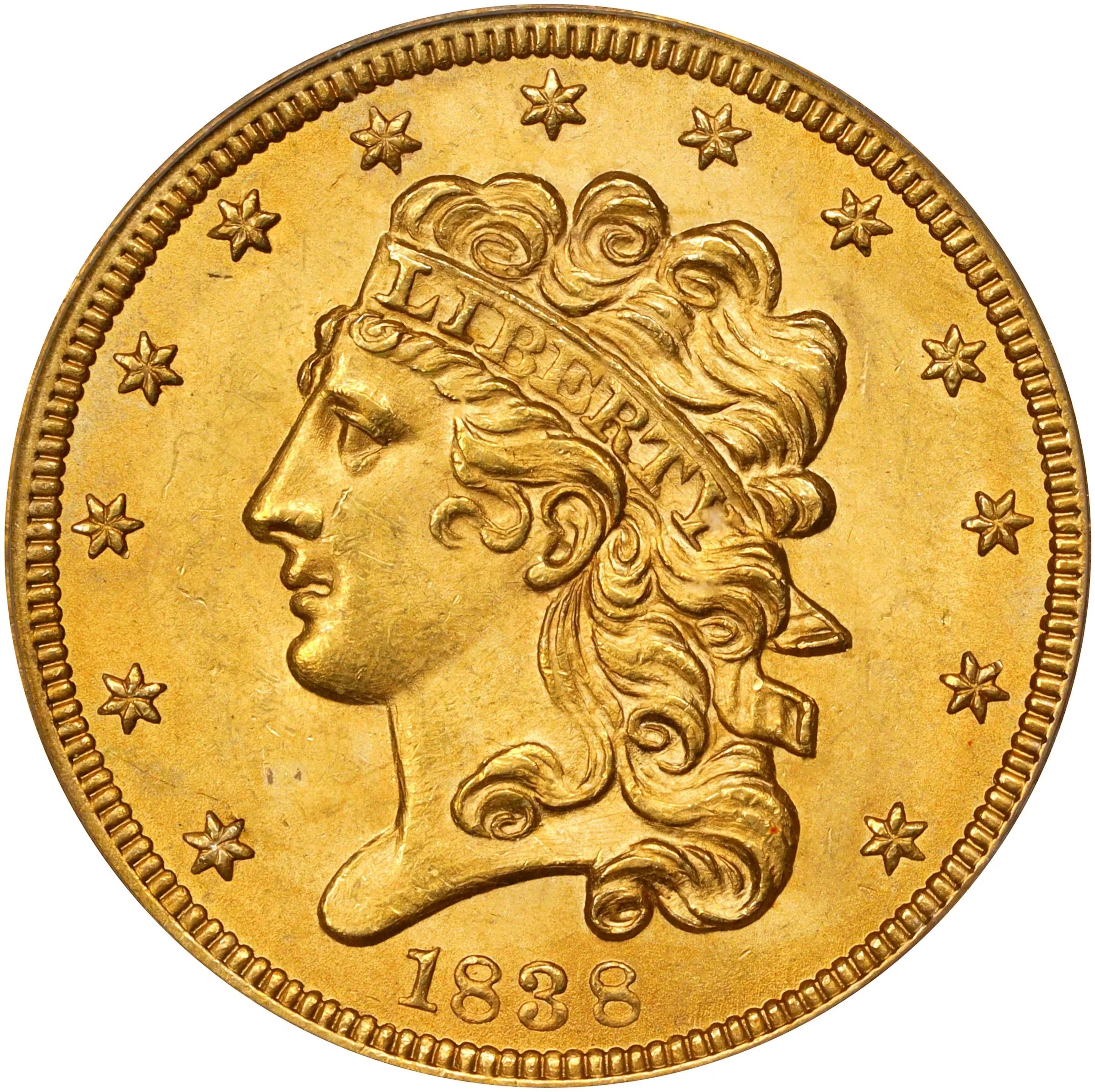 1838 Classic Head Half Eagle. HM-2. Rarity-3. MS-65 (PCGS).
