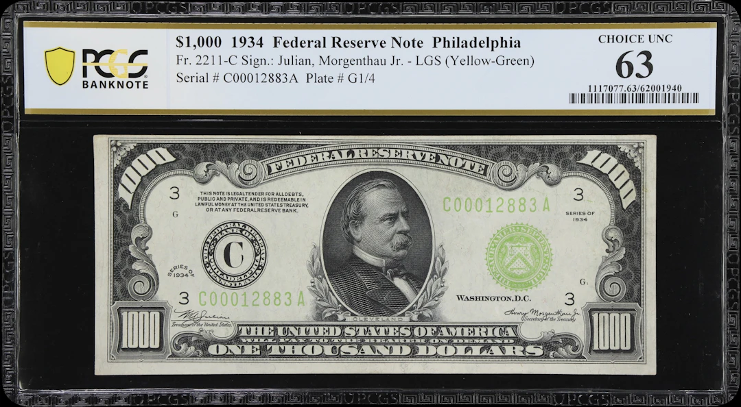 Fr. 2211-C. 1934 Light Green Seal $1000 Federal Reserve Note. Philadelphia.