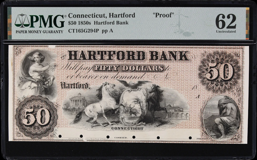 Hartford, Connecticut. Hartford Bank. 18xx $50. PMG Uncirculated 62. Proof.