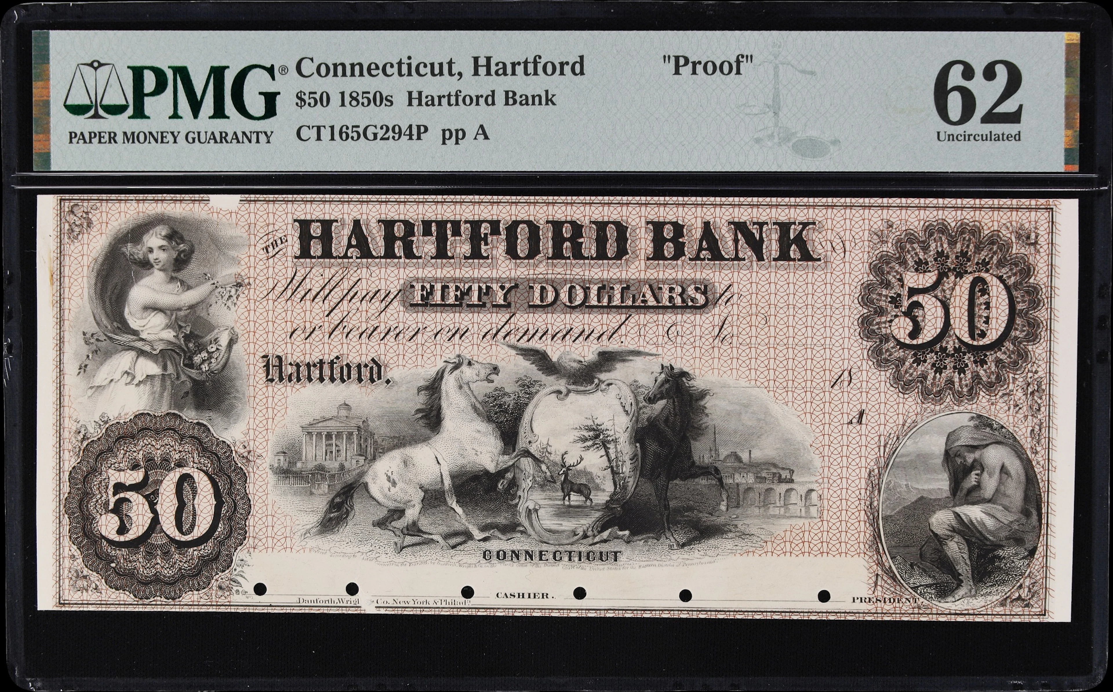Hartford, Connecticut. Hartford Bank. 18xx $50. PMG Uncirculated 62. Proof.
