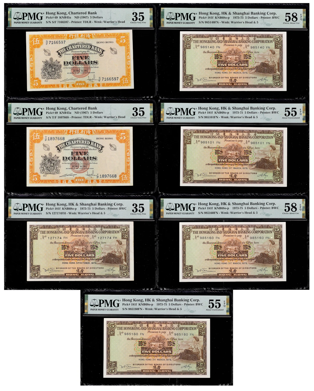 HONG KONG (SAR). Lot of (7). Chartered Bank and Hong Kong & Shanghai