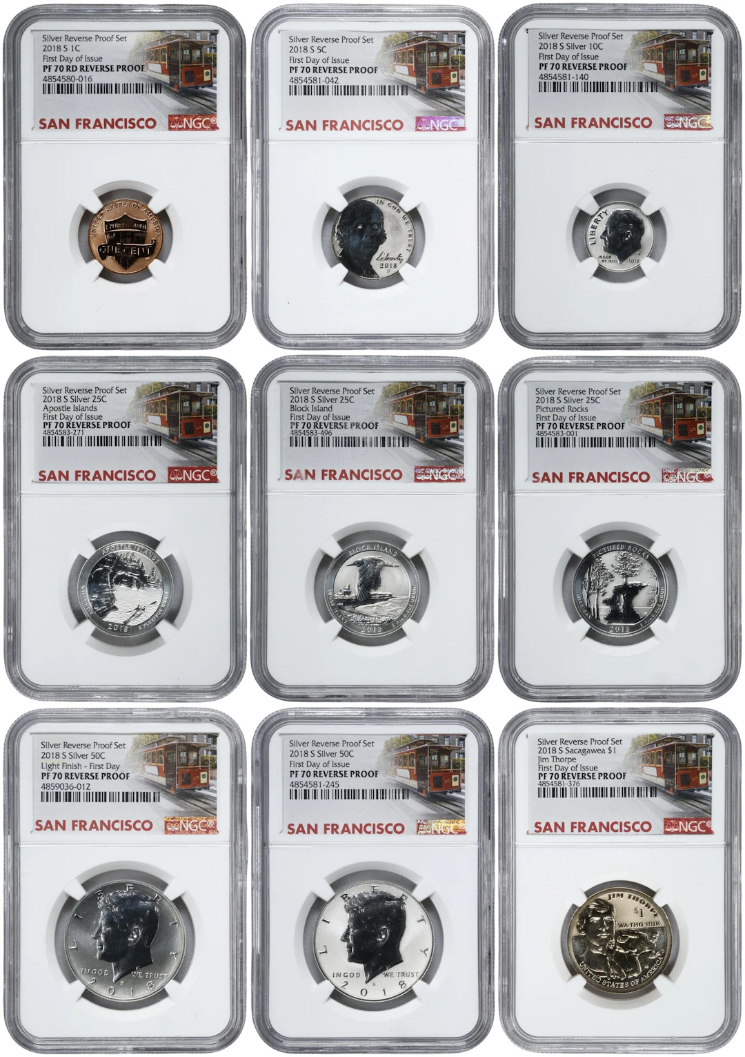 Partial 2018-S Silver Reverse Proof Set. First Day of Issue. Proof-70