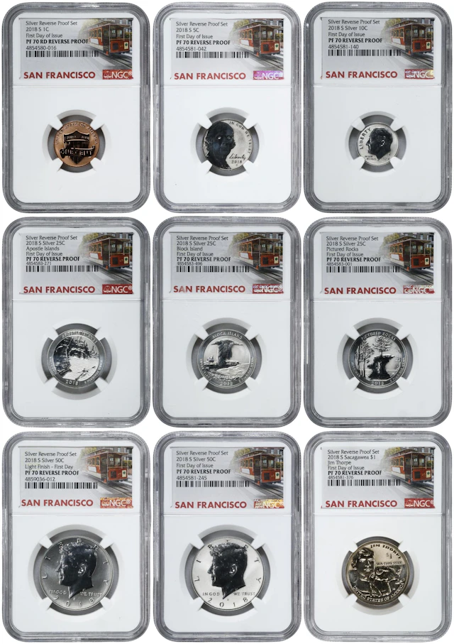 Partial 2018-S Silver Reverse Proof Set. First Day of Issue. Proof-70