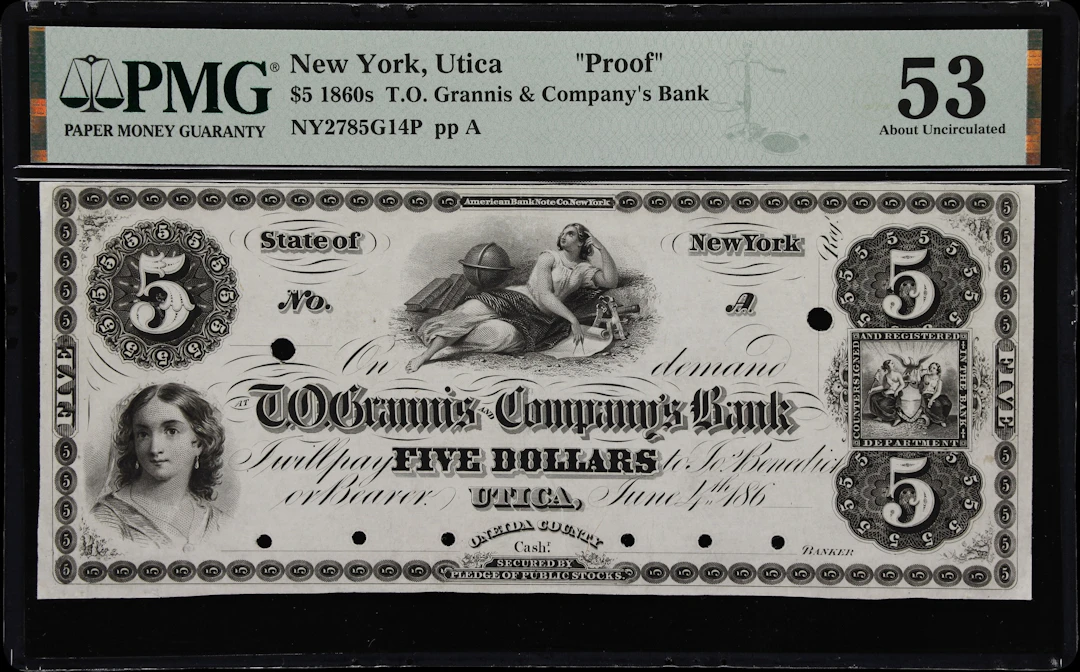 Utica, New York. T.O. Grannis & Company's Bank. 186x $5. PMG About