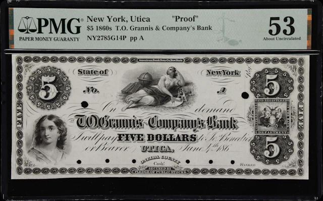 Utica, New York. T.O. Grannis & Company's Bank. 186x $5. PMG About