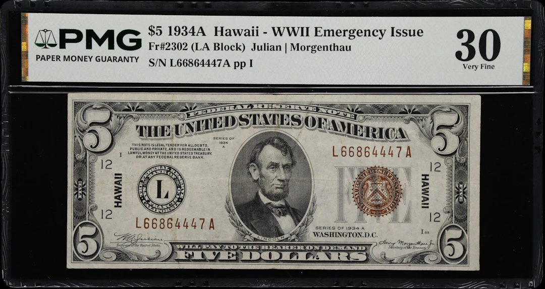 Fr. 2302. 1934A $5 Hawaii Emergency Note. PMG Very Fine 30.