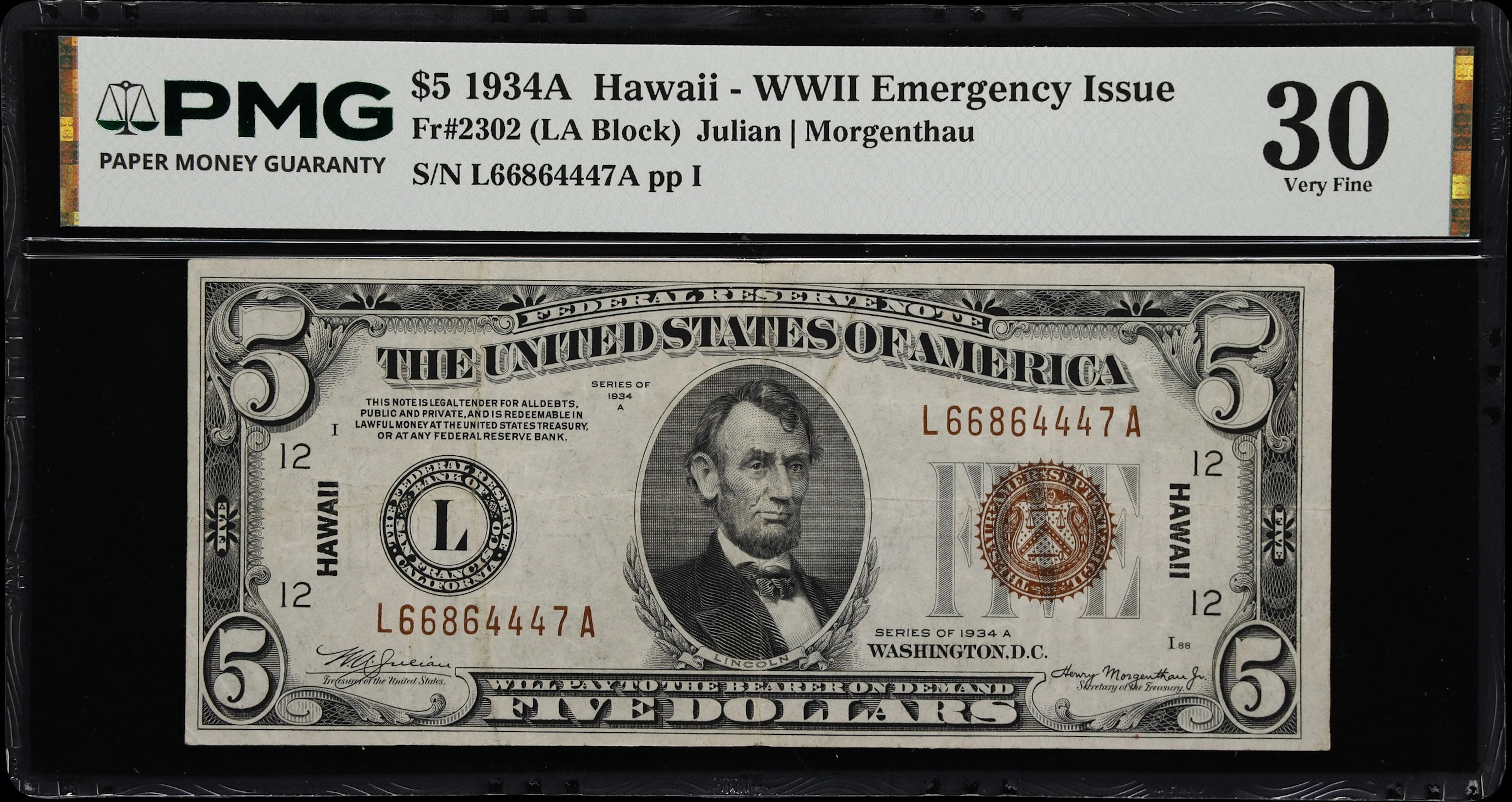 Fr. 2302. 1934A $5 Hawaii Emergency Note. PMG Very Fine 30.