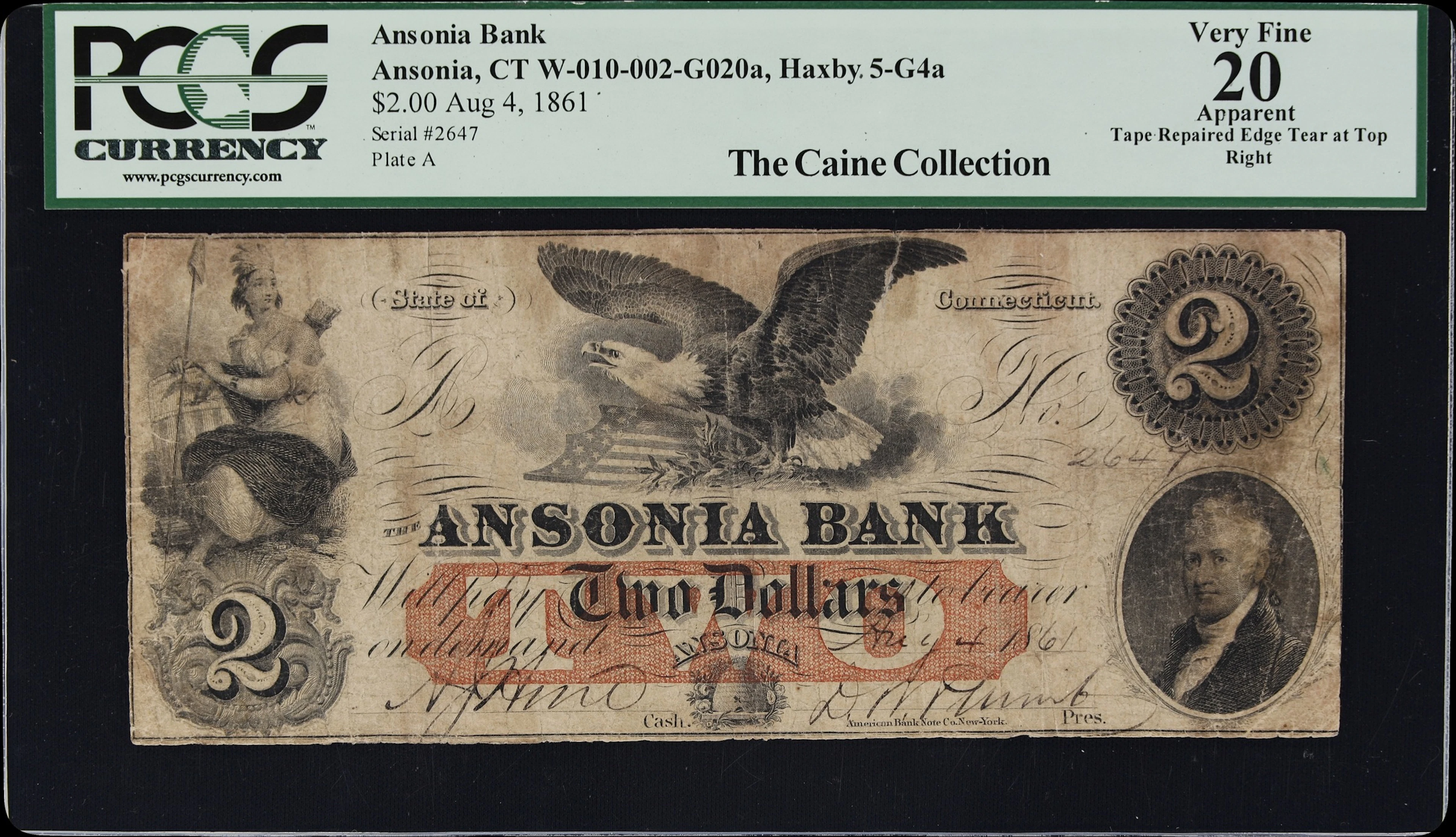 Ansonia, Connecticut. Ansonia Bank. 1861 $2. PCGS Currency Very Fine