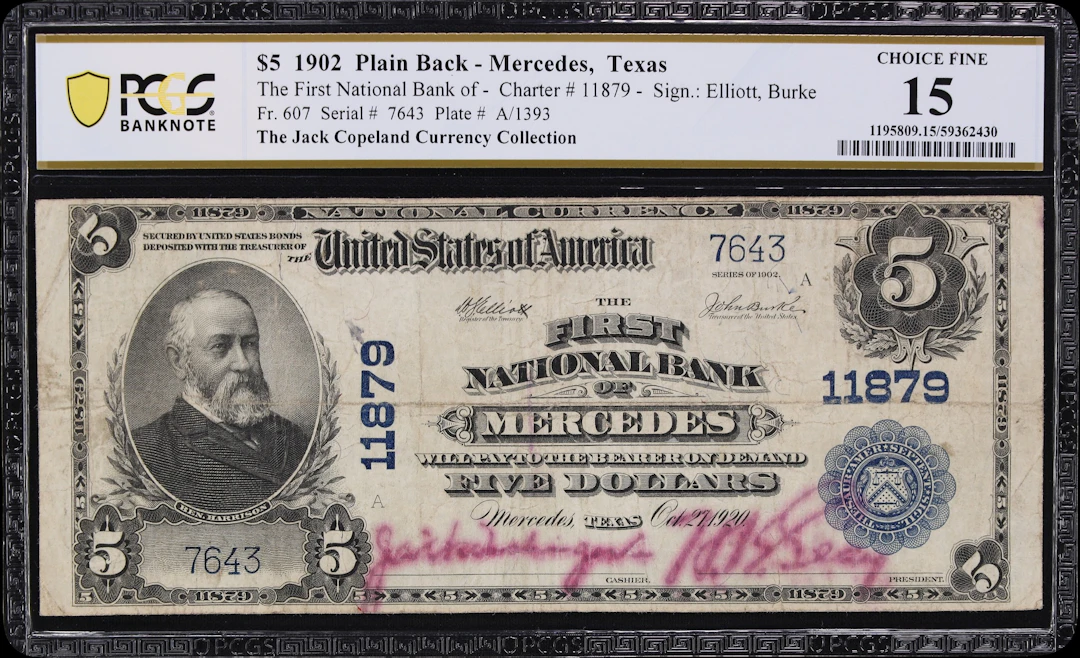Mercedes, Texas. $5 1902 Plain Back. Fr. 607. First NB. Charter #11879.