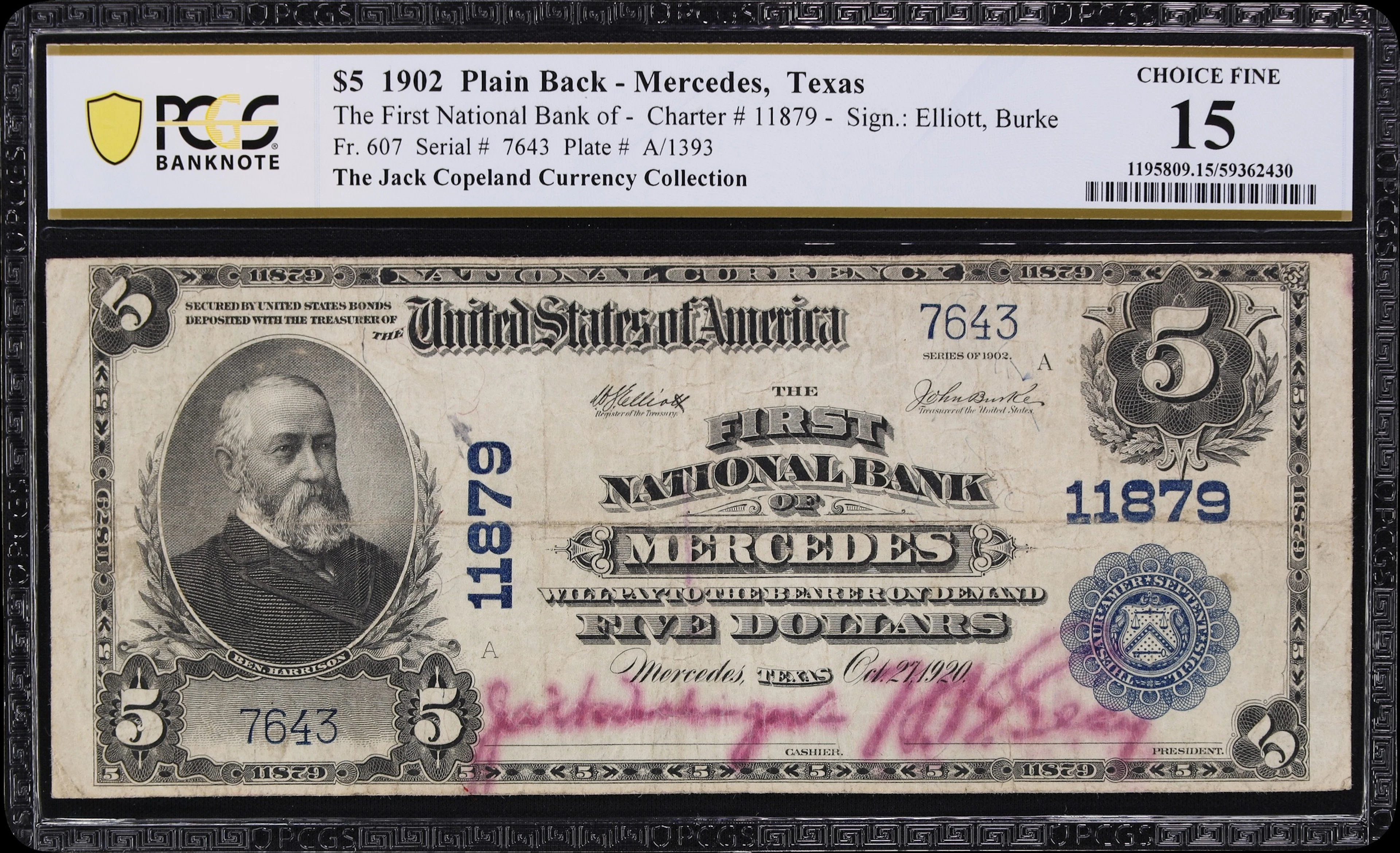 Mercedes, Texas. $5 1902 Plain Back. Fr. 607. First NB. Charter #11879.