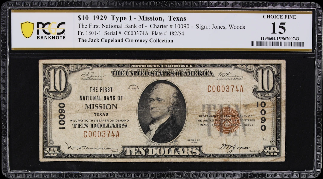 Mission, Texas. $10 1929 Ty. 1. Fr. 1801-1. First NB. Charter #10090.