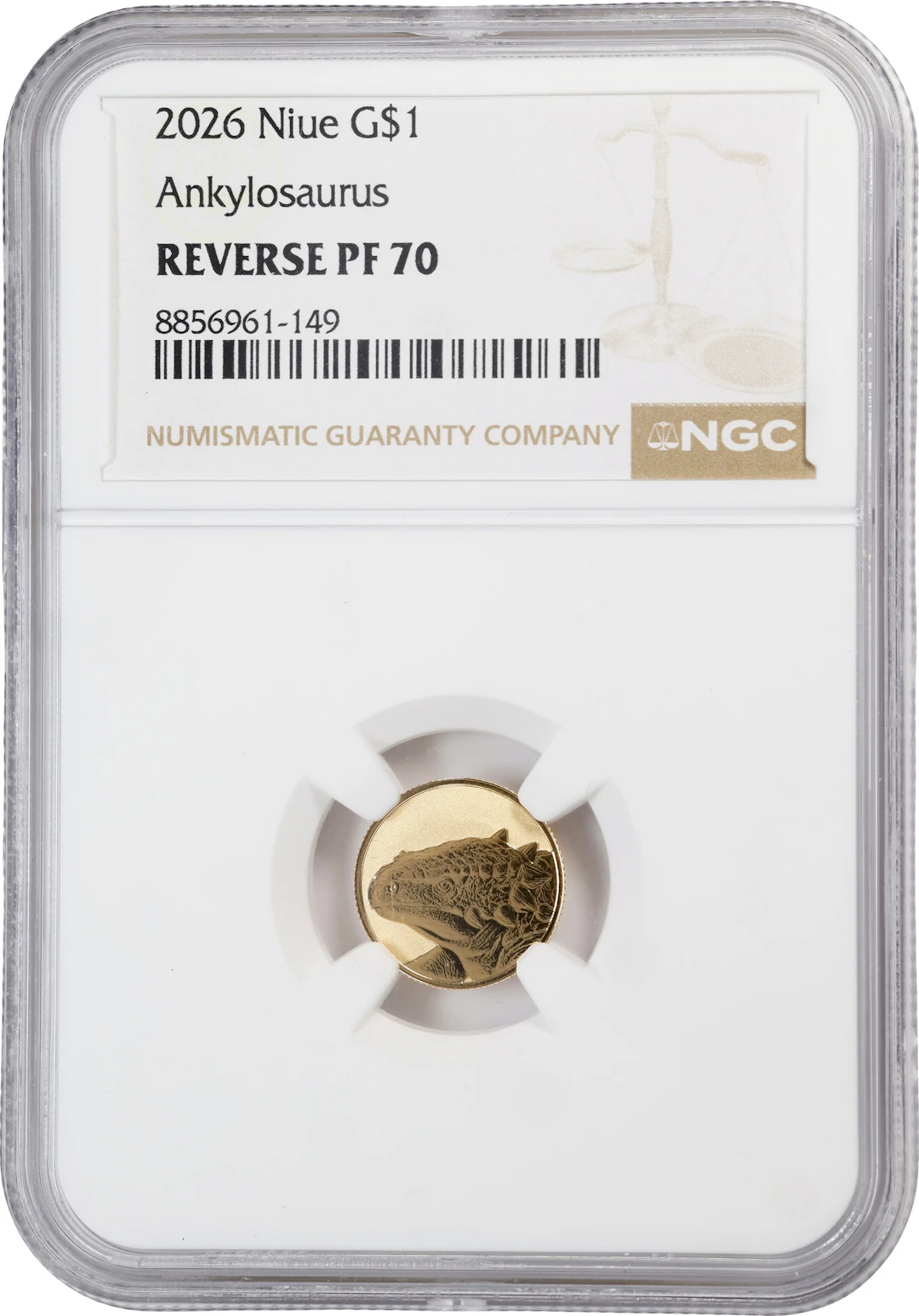 (0.032 oz, 1 g AGW). Niue. 2026 Ankylosaurus Gold $1. Reverse PF-70 (NGC).