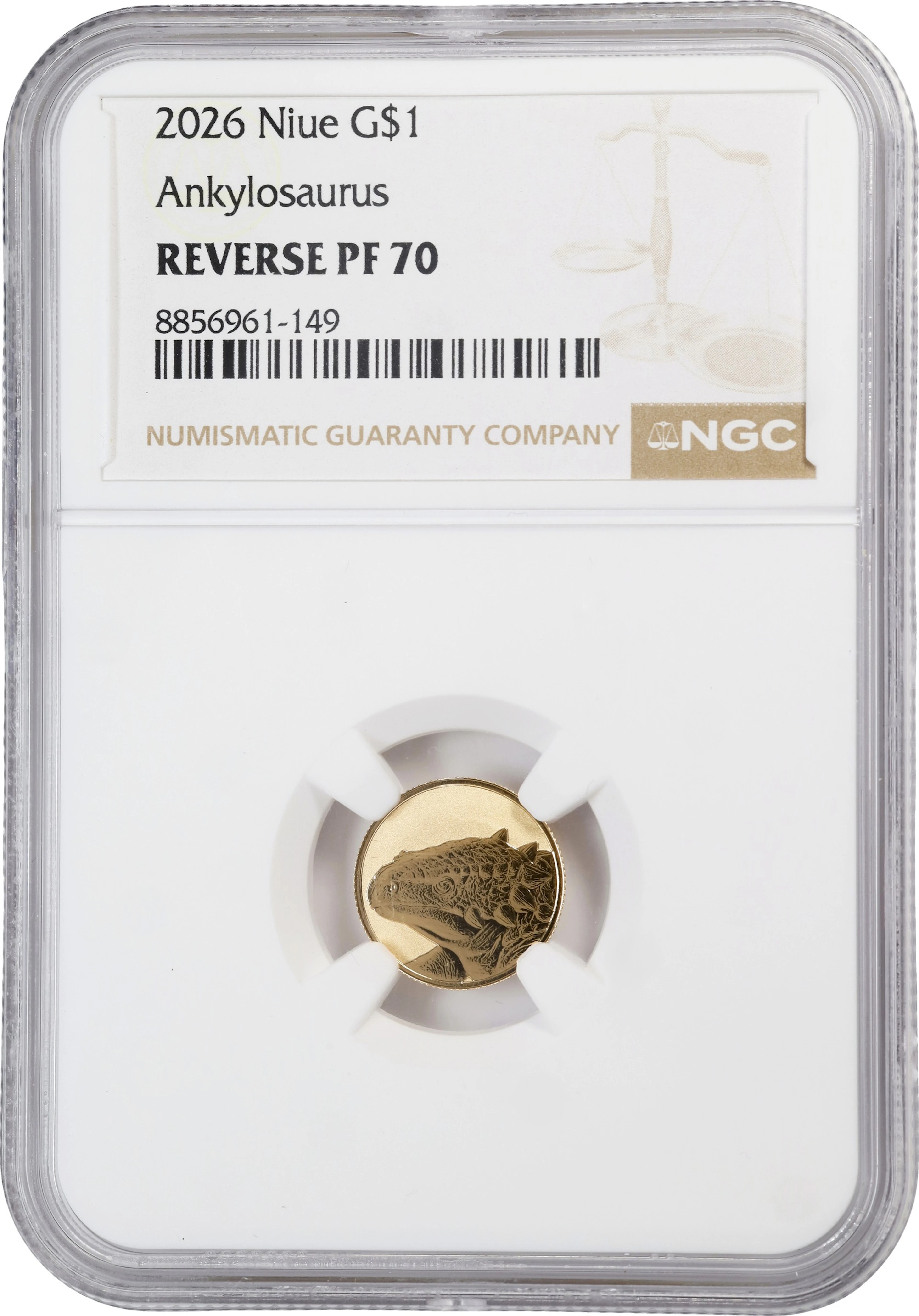 (0.032 oz, 1 g AGW). Niue. 2026 Ankylosaurus Gold $1. Reverse PF-70 (NGC).