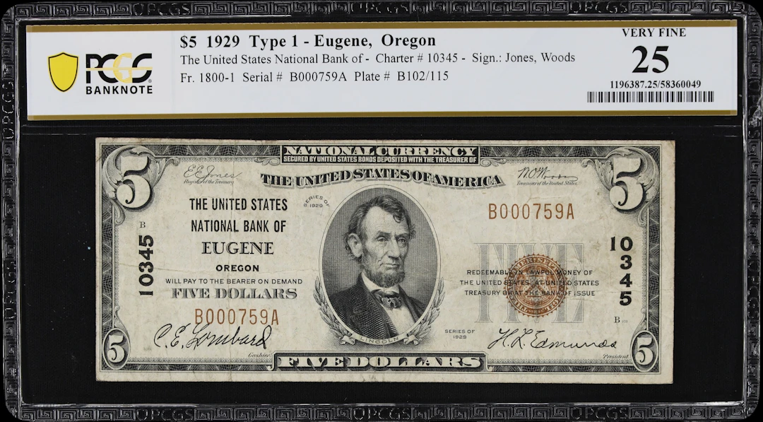 Eugene, Oregon. $5 1929 Ty. 1. Fr. 1800-1. United States NB. Charter