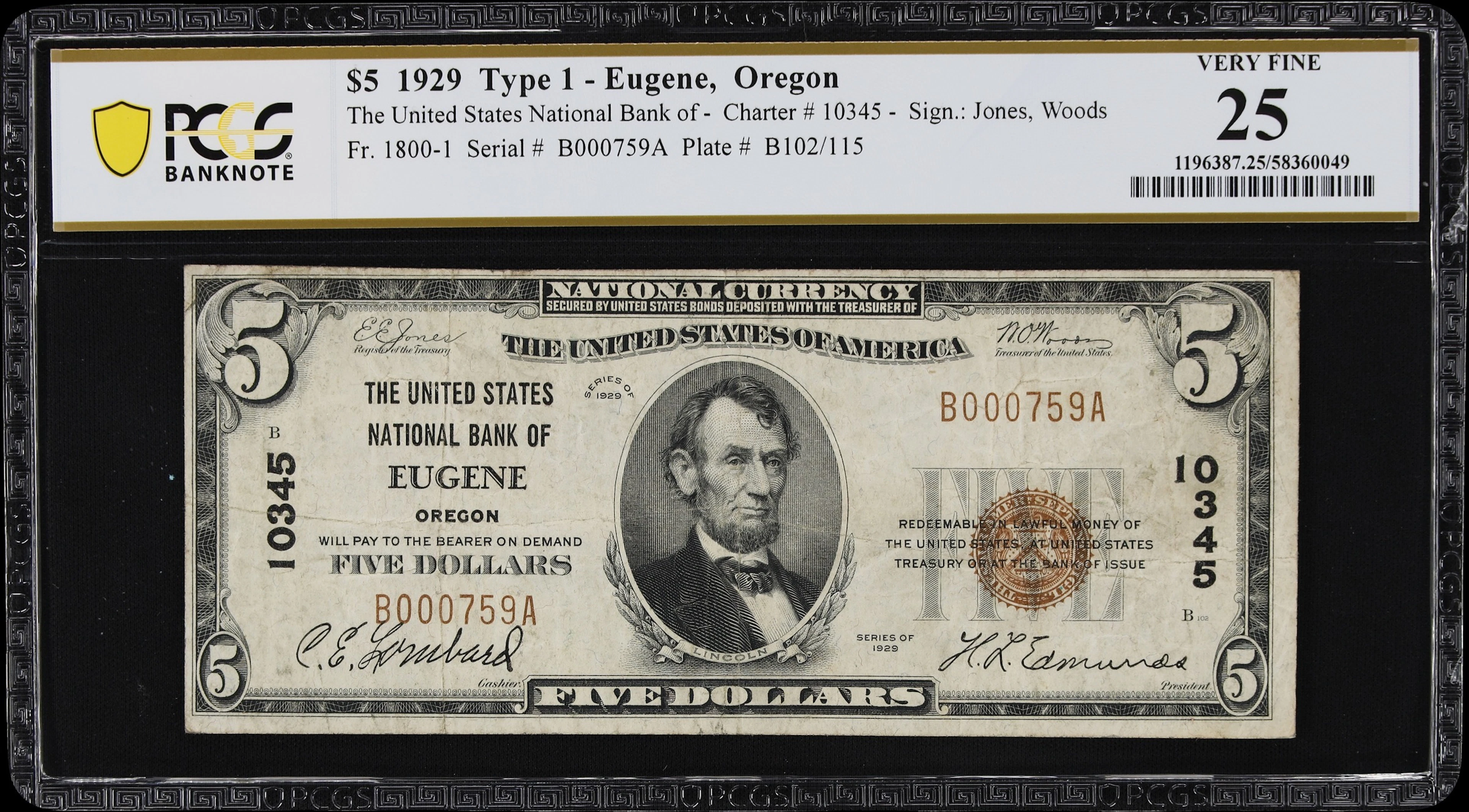 Eugene, Oregon. $5 1929 Ty. 1. Fr. 1800-1. United States NB. Charter