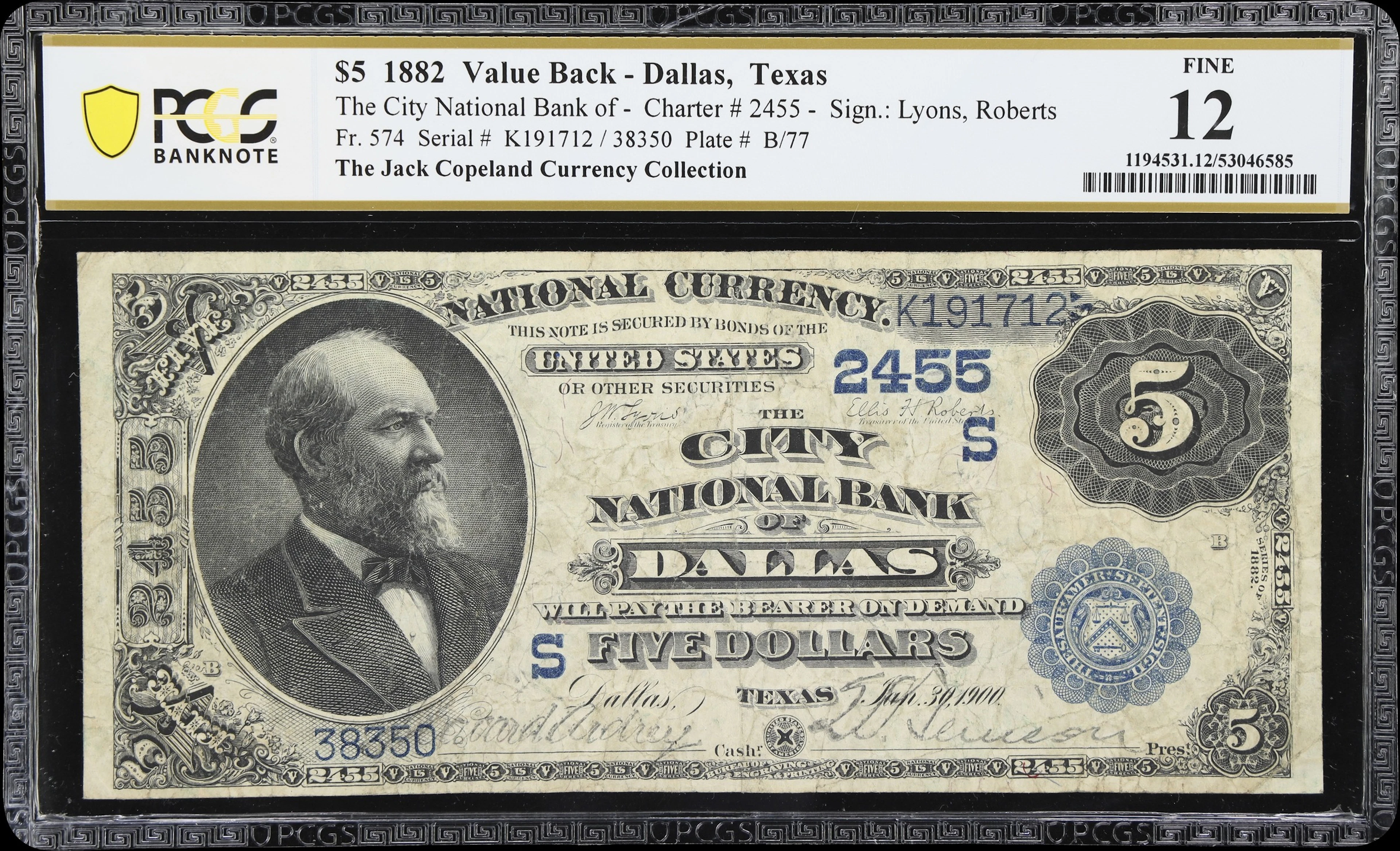 Dallas, Texas. $5 1882 Date Back. Fr. 537. City NB. Charter #2455.