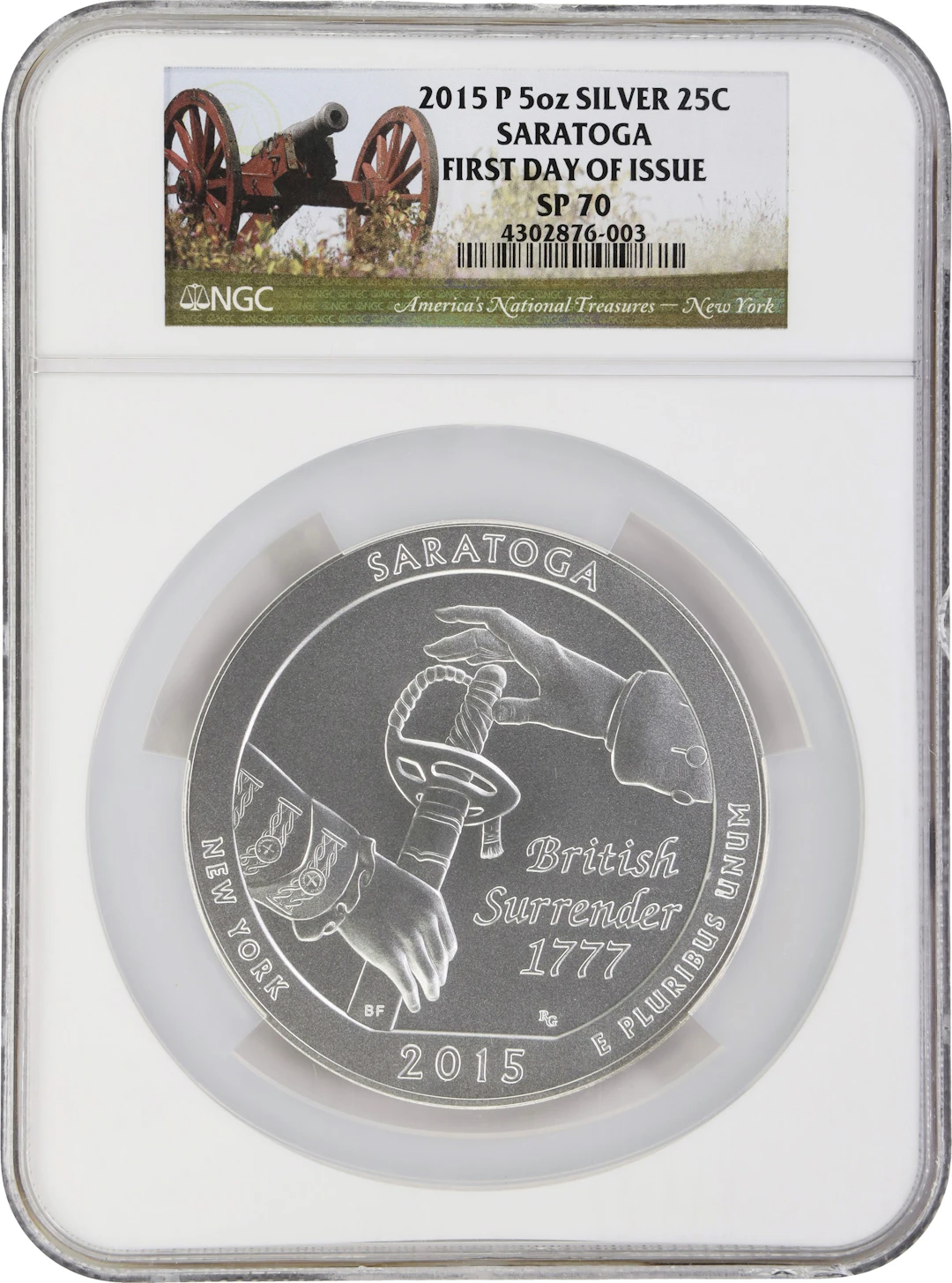 (5 oz, 155.52 g ASW). 2015-P Saratoga America the Beautiful 5 oz Silver