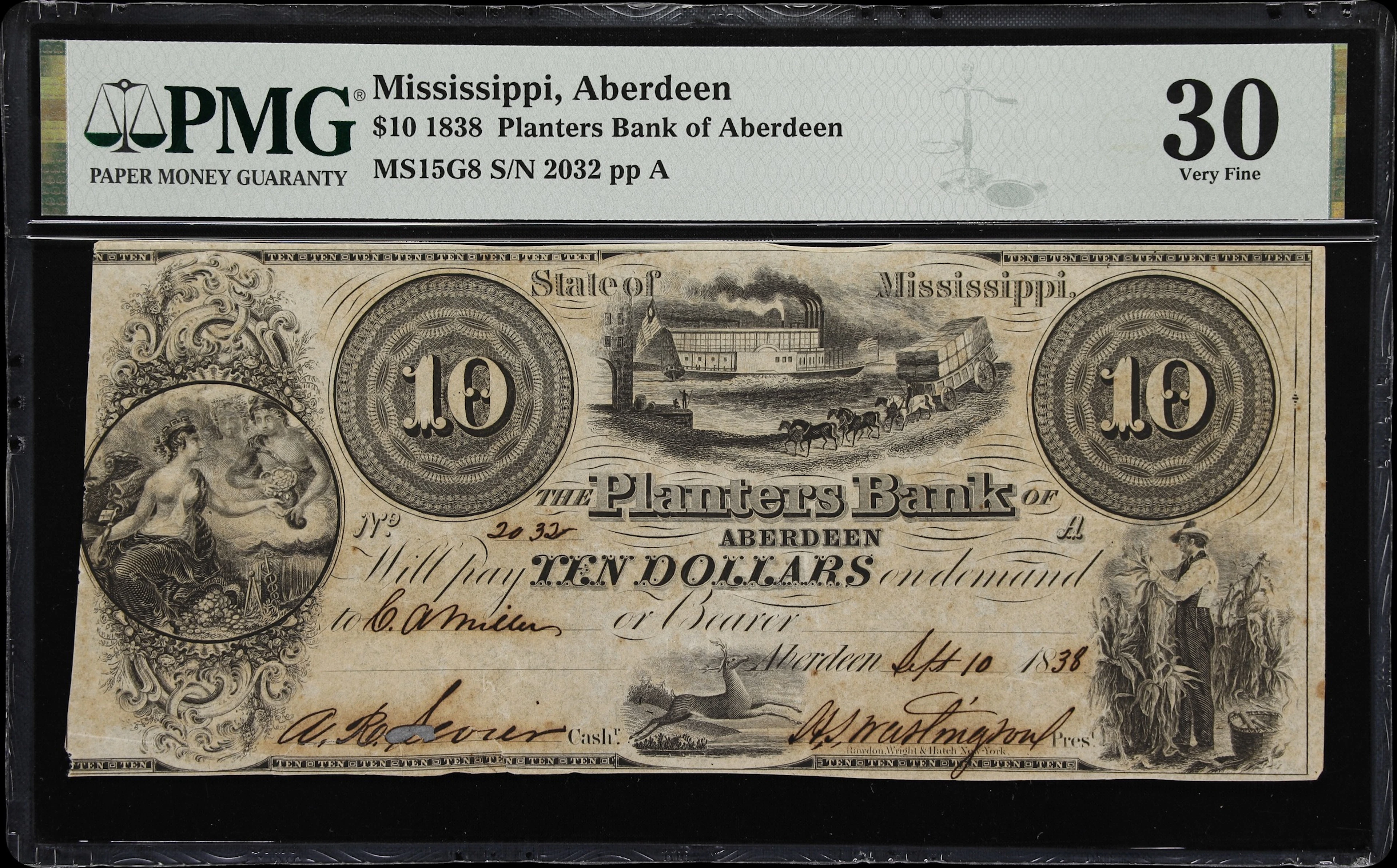 Aberdeen, Mississippi. Planters Bank of Aberdeen. 1838 $10. PMG Very Fine 30.