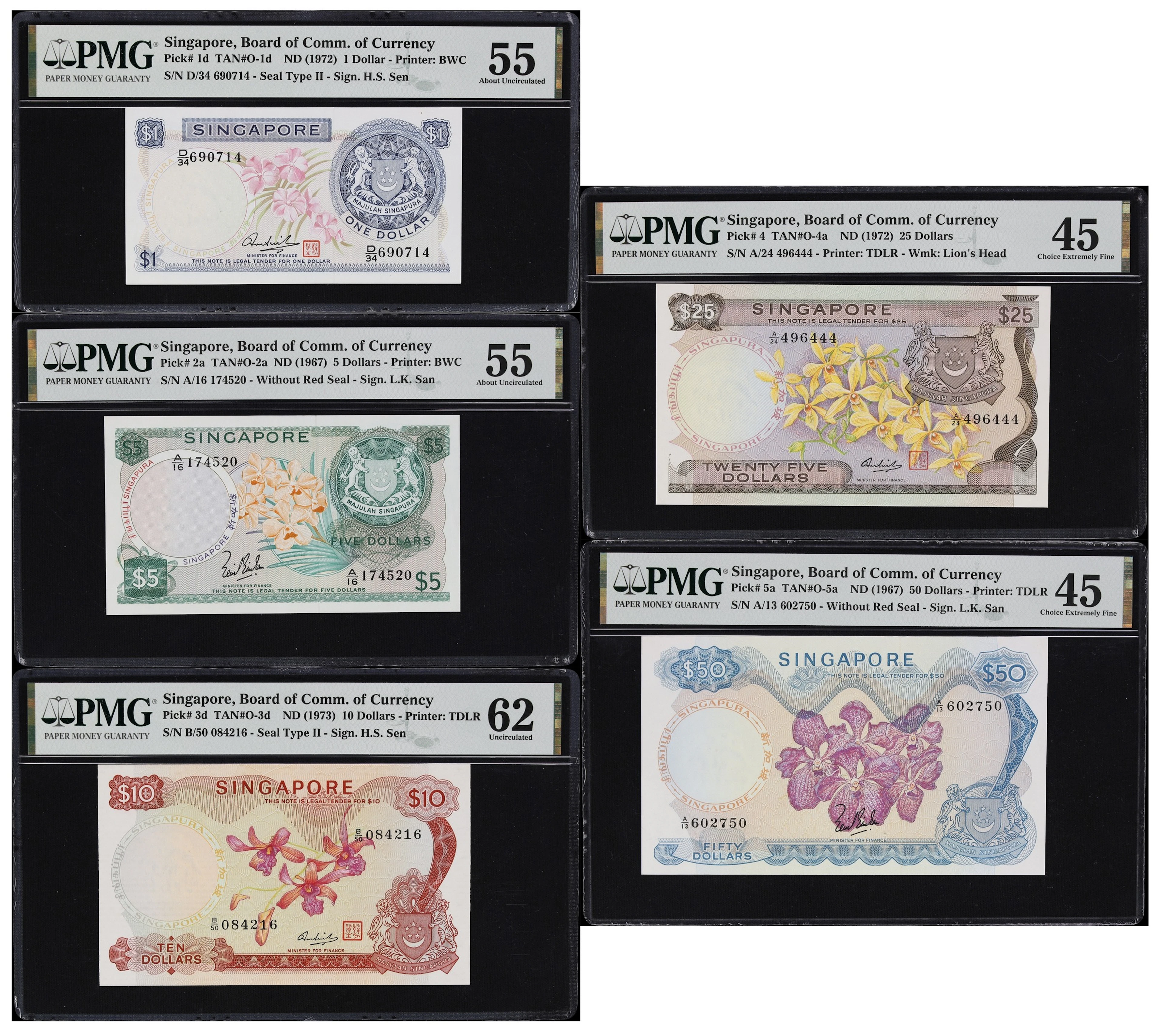 SINGAPORE. Lot of (5). Board of Commissioners of Currency. 1, 5, 10