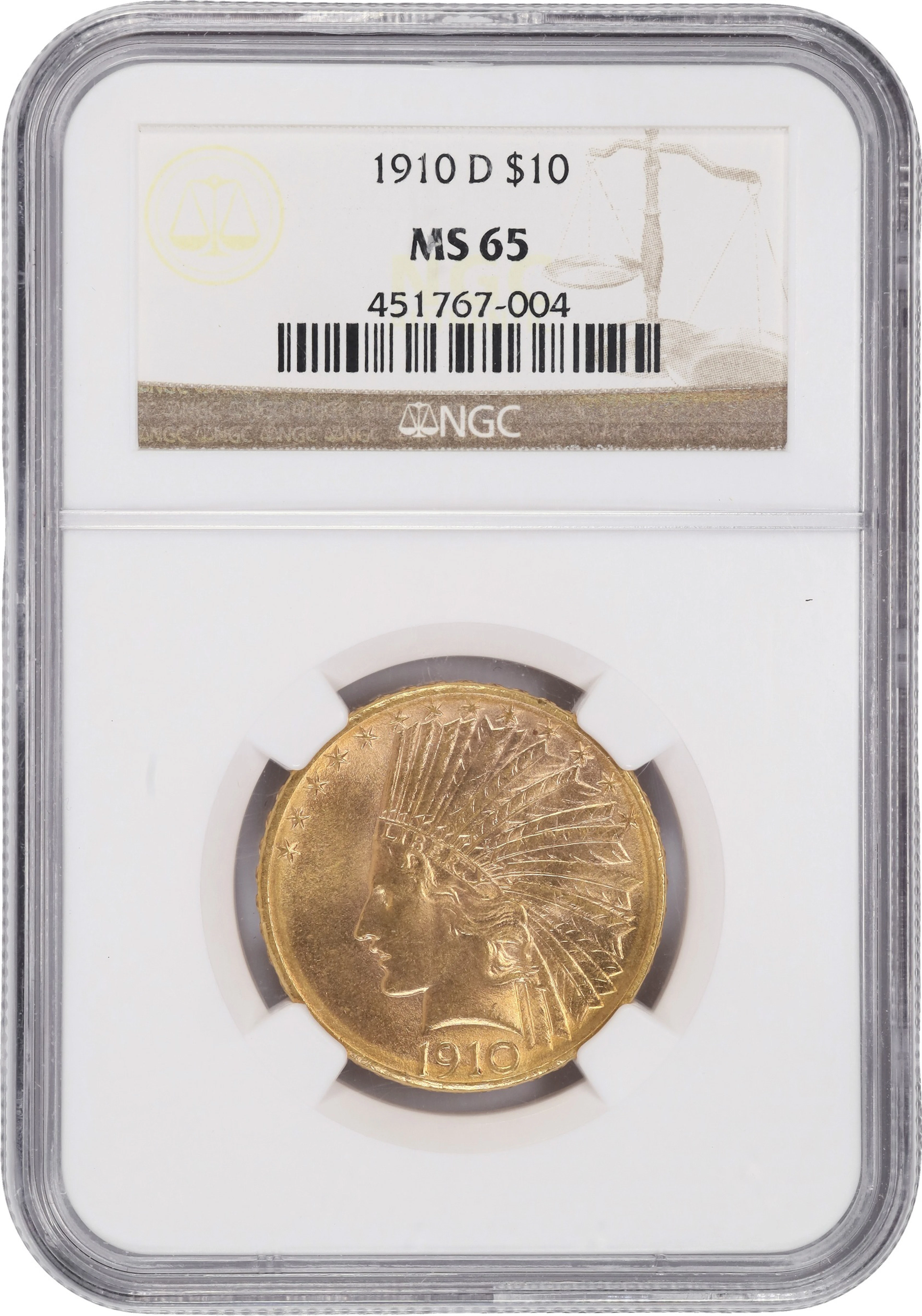 (0.484 oz, 15.046 g AGW). 1910-D Indian Head Eagle Gold $10. MS-65 (NGC).