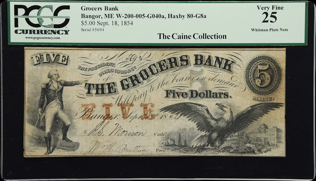 Bangor, Maine. Grocers Bank. 1854 $5. PCGS Currency Very Fine 25.