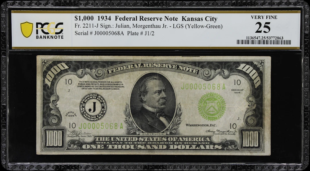 Fr. 2211-J. 1934 Light Green Seal $1000 Federal Reserve Note. Kansas