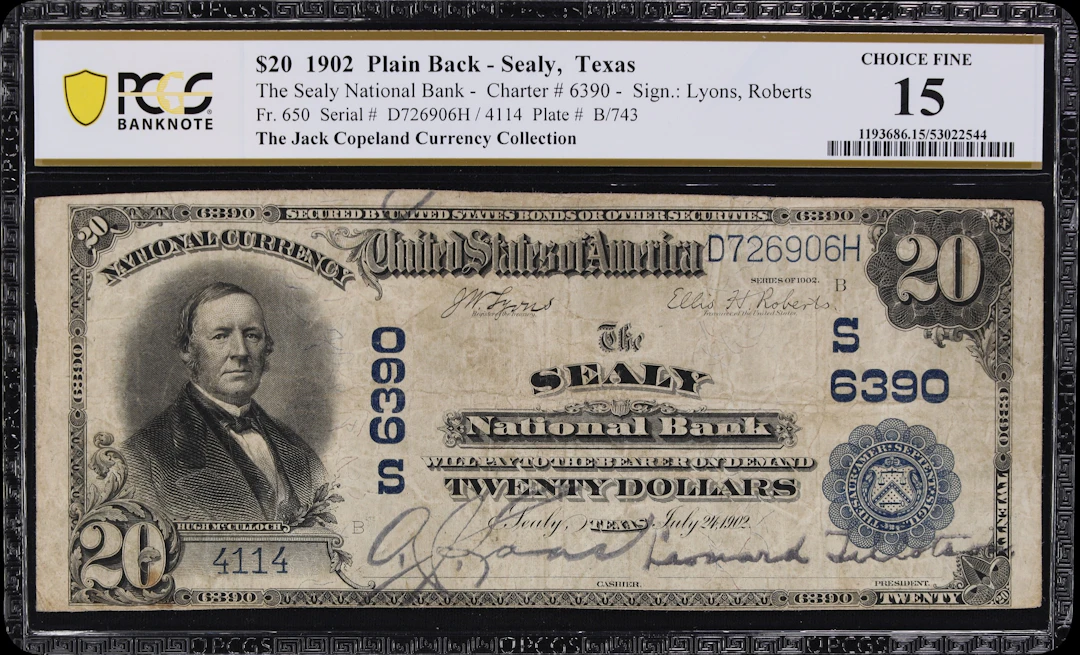 Sealy, Texas. $20 1902 Plain Back. Fr. 650. Sealy NB. Charter #6390.