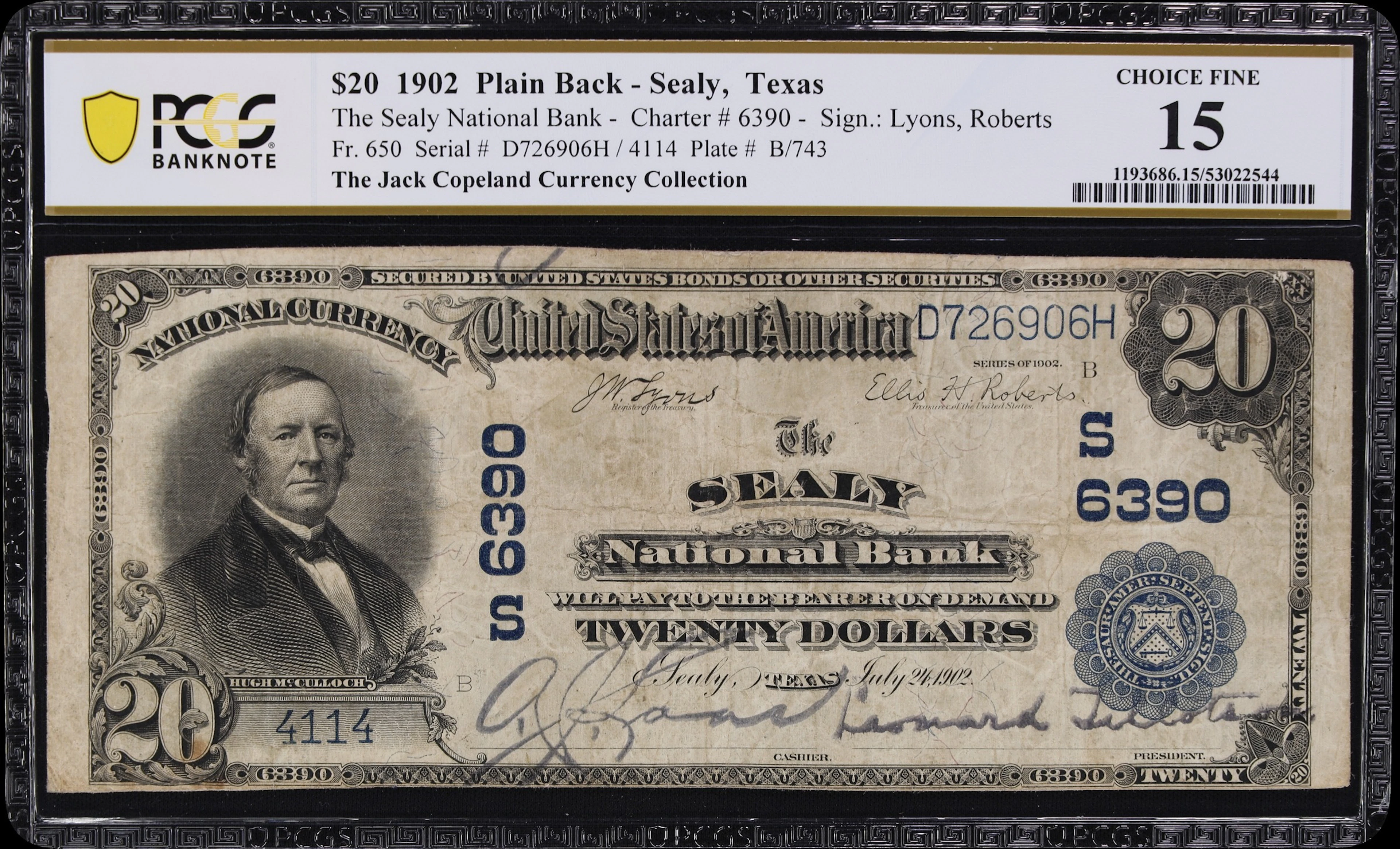 Sealy, Texas. $20 1902 Plain Back. Fr. 650. Sealy NB. Charter #6390.