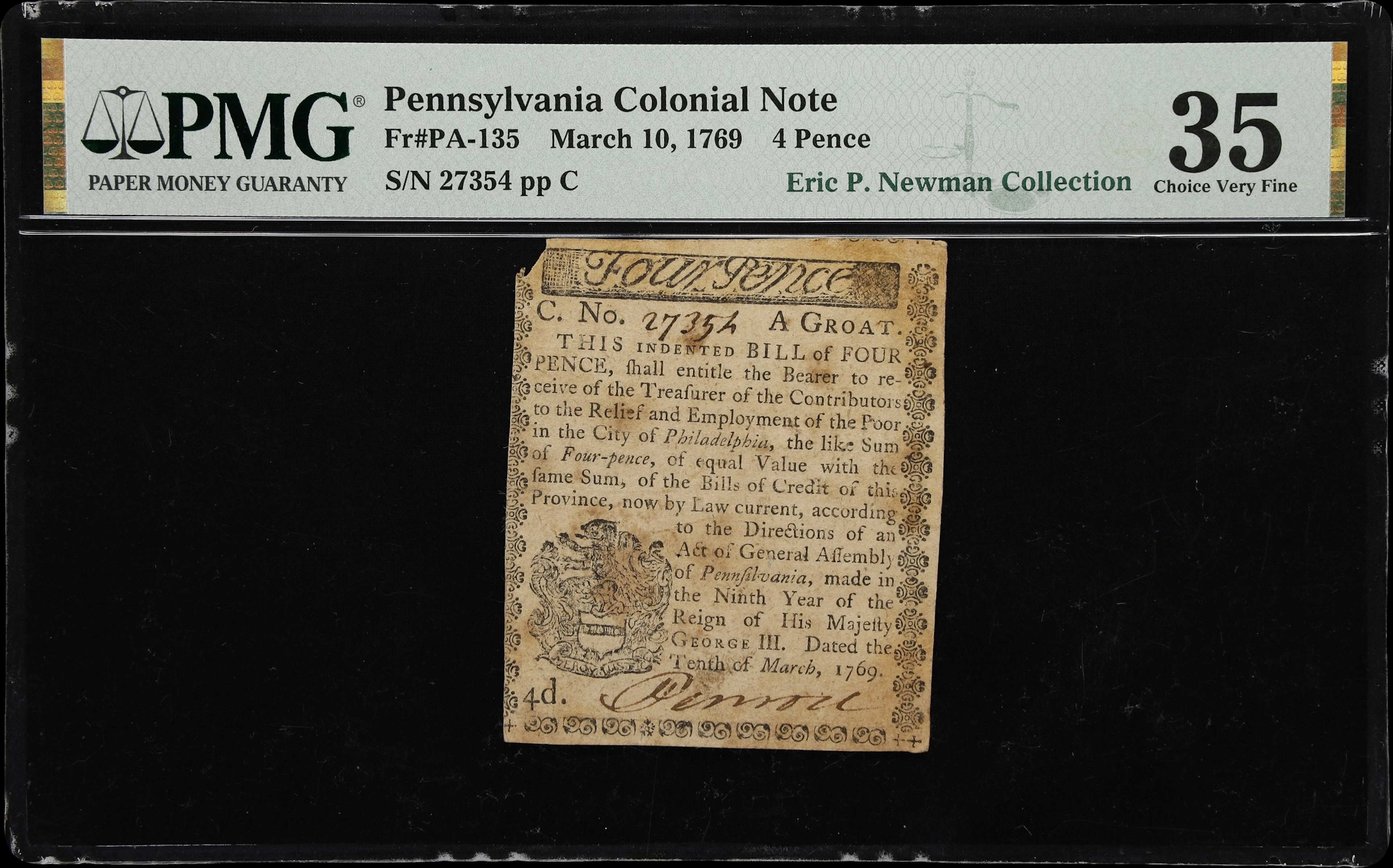 PA-135. Pennsylvania. March 10, 1769. 4 Pence. PMG Choice Very Fine 35.