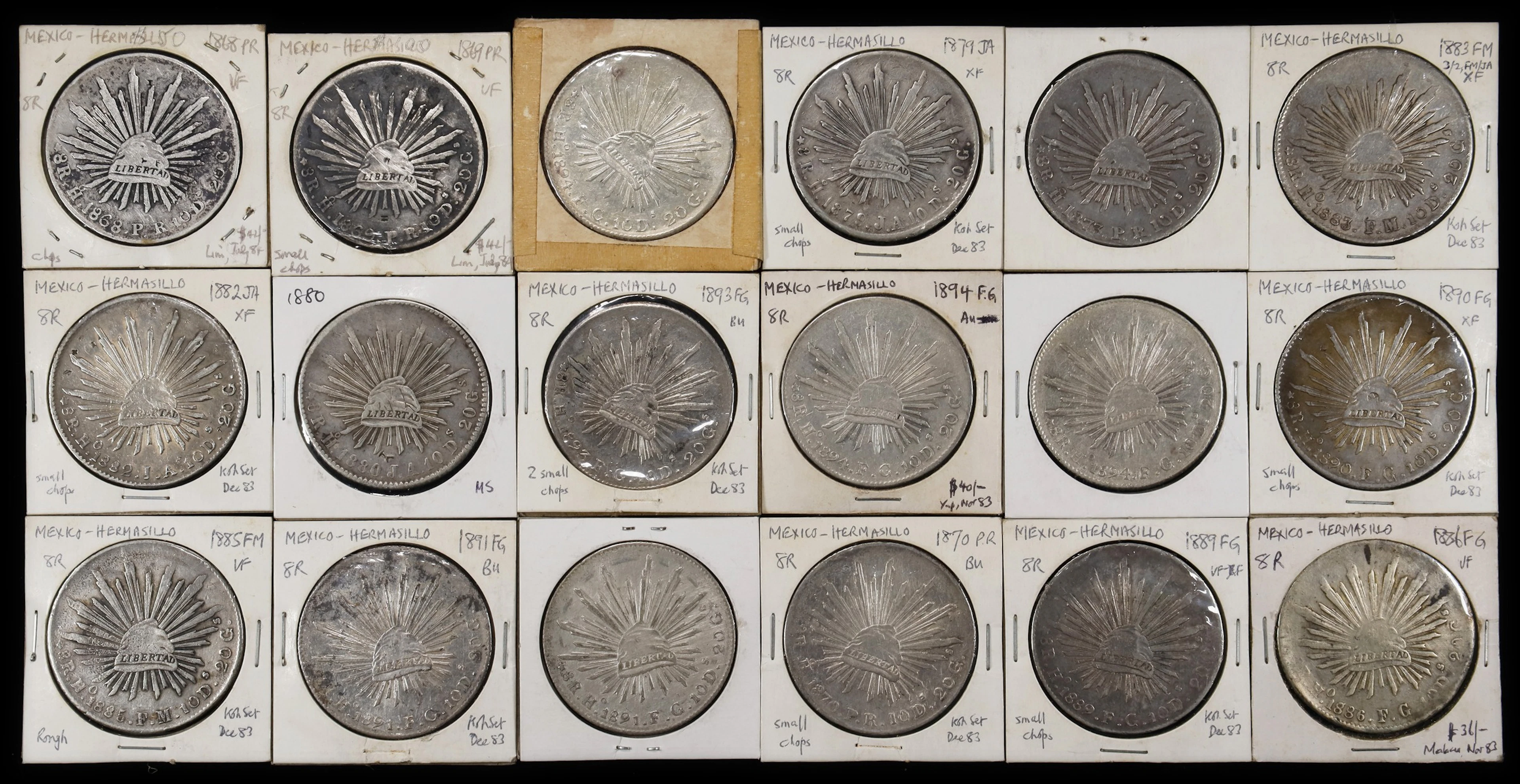 MEXICO. Group of 8 Reales (18 Pieces), 1868-94. Hermosillo Mint. Average