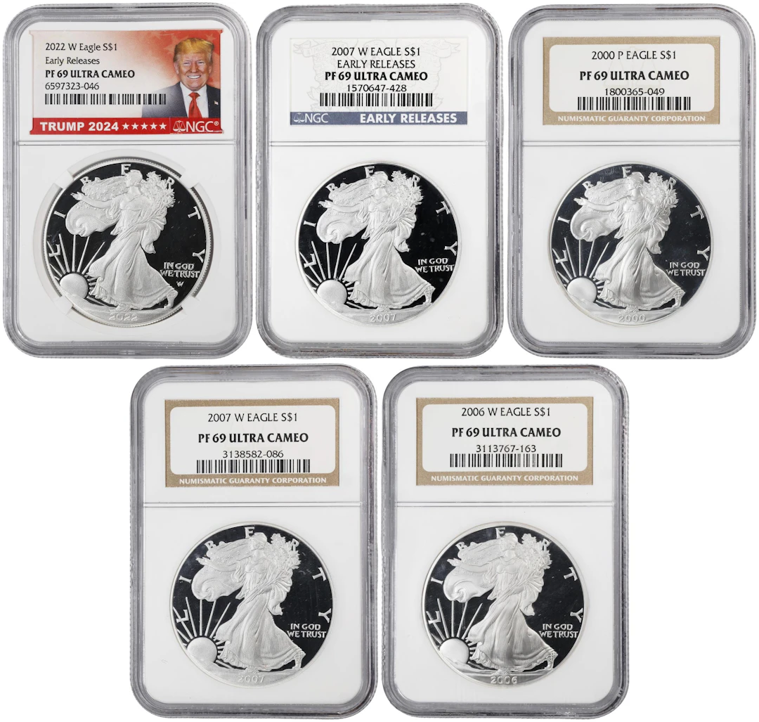 (5 oz, 155.52 g ASW). Lot of (5) Mixed Date American Silver Eagles.