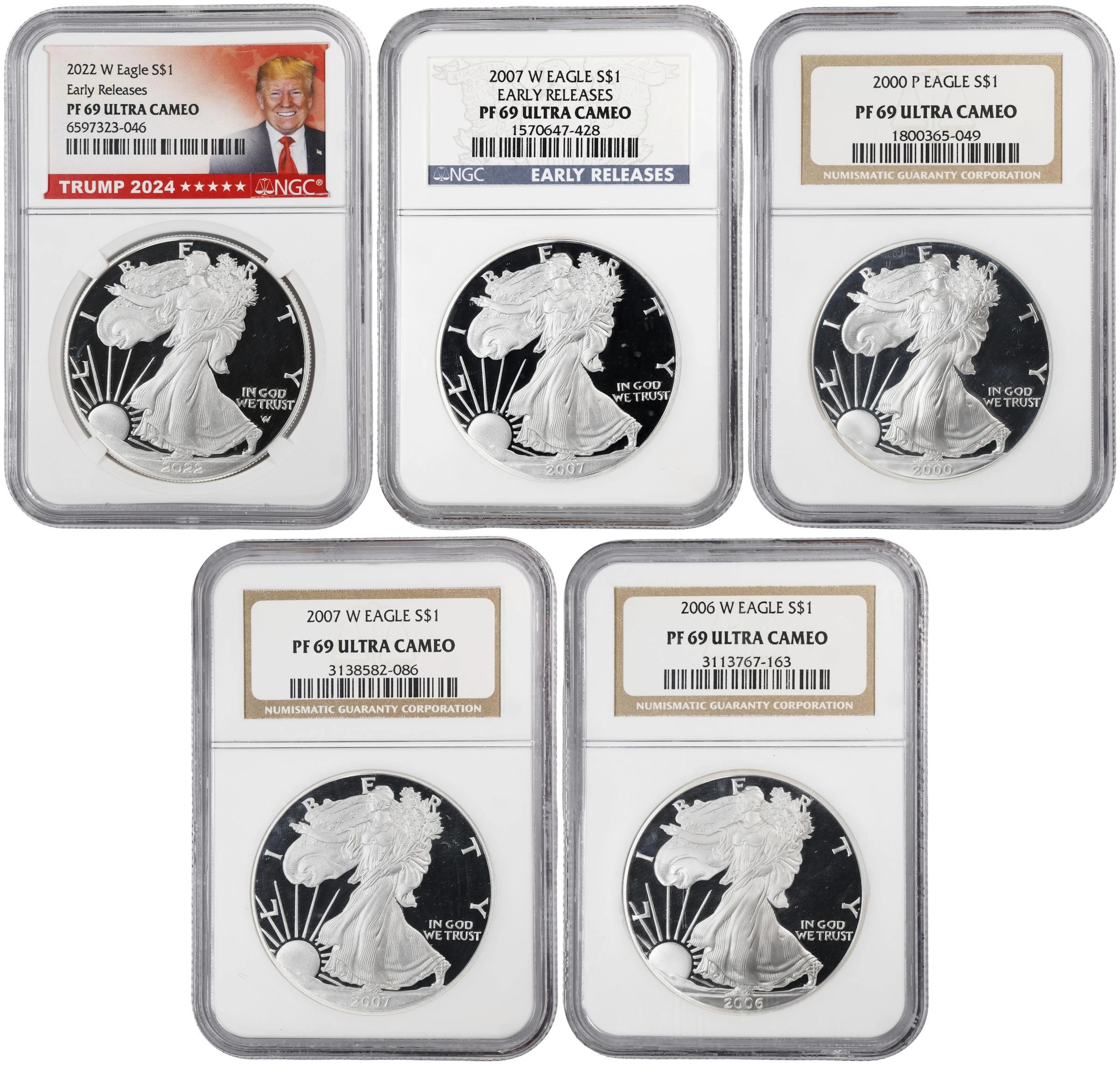 (5 oz, 155.52 g ASW). Lot of (5) Mixed Date American Silver Eagles.