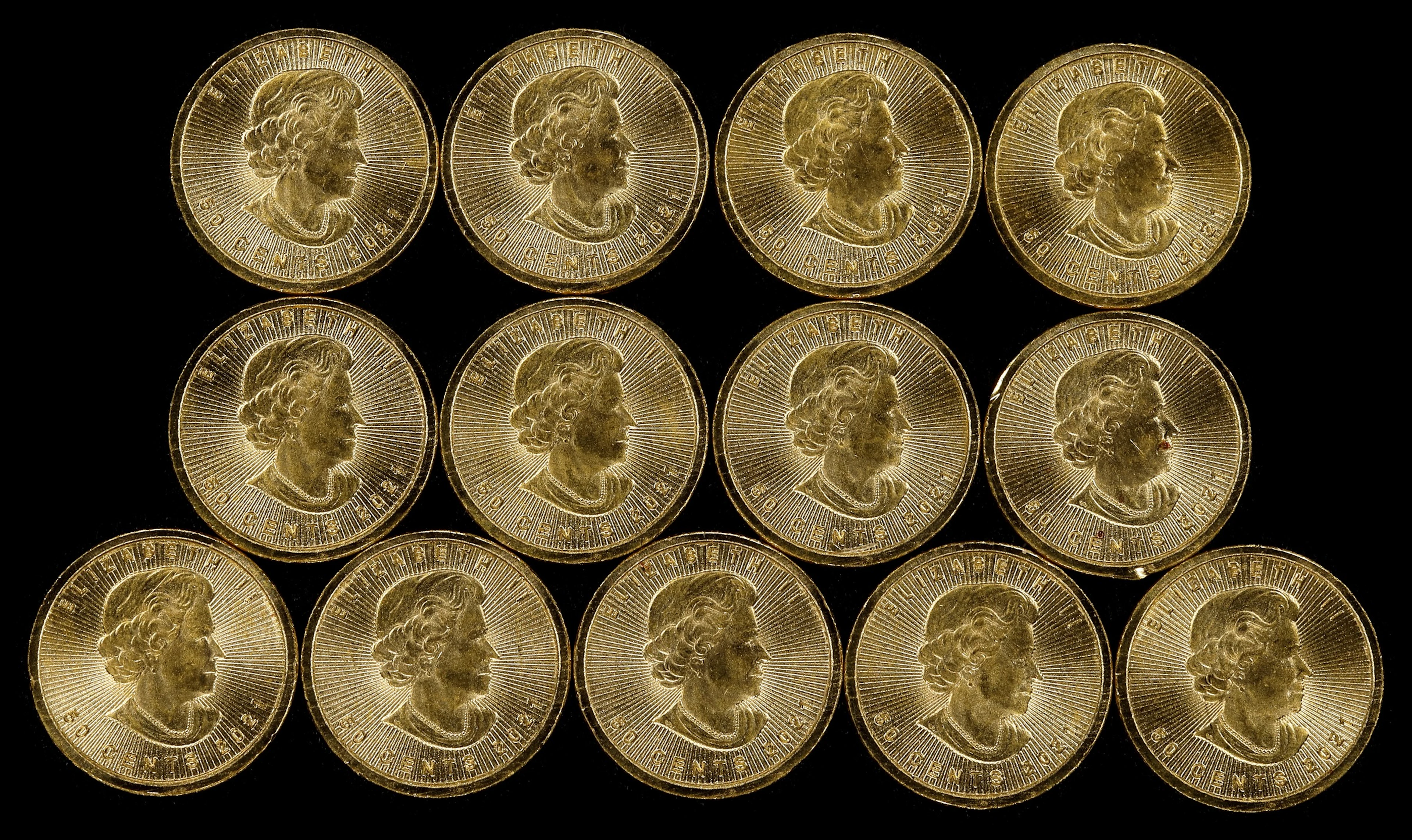 (0.418 oz, 13 g AGW). Canada. Lot of (13) 2021 1 gram Gold 50 Cents.