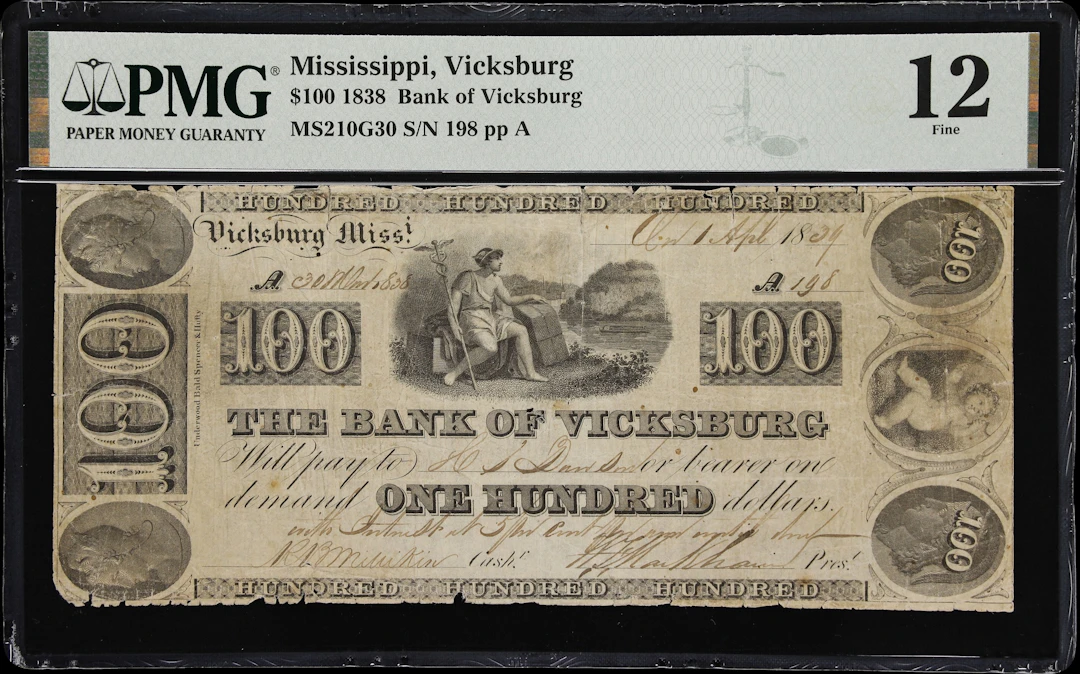 Vicksburg, Mississippi. Bank of Vicksburg. 1839 $100. PMG Fine 12.