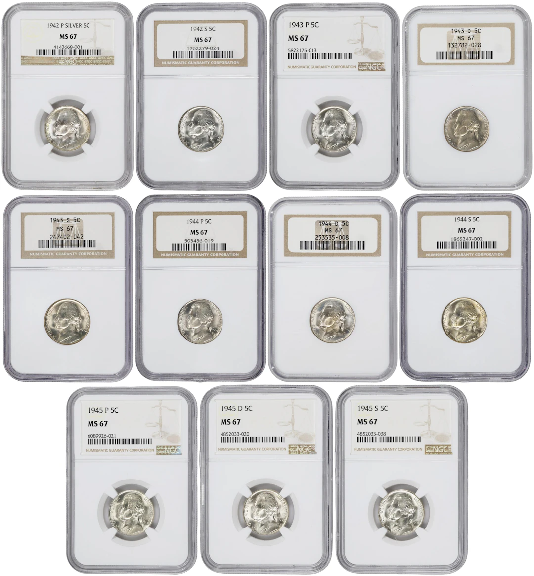 Lot of (11) Wartime Jefferson Nickels. MS-67 (NGC).