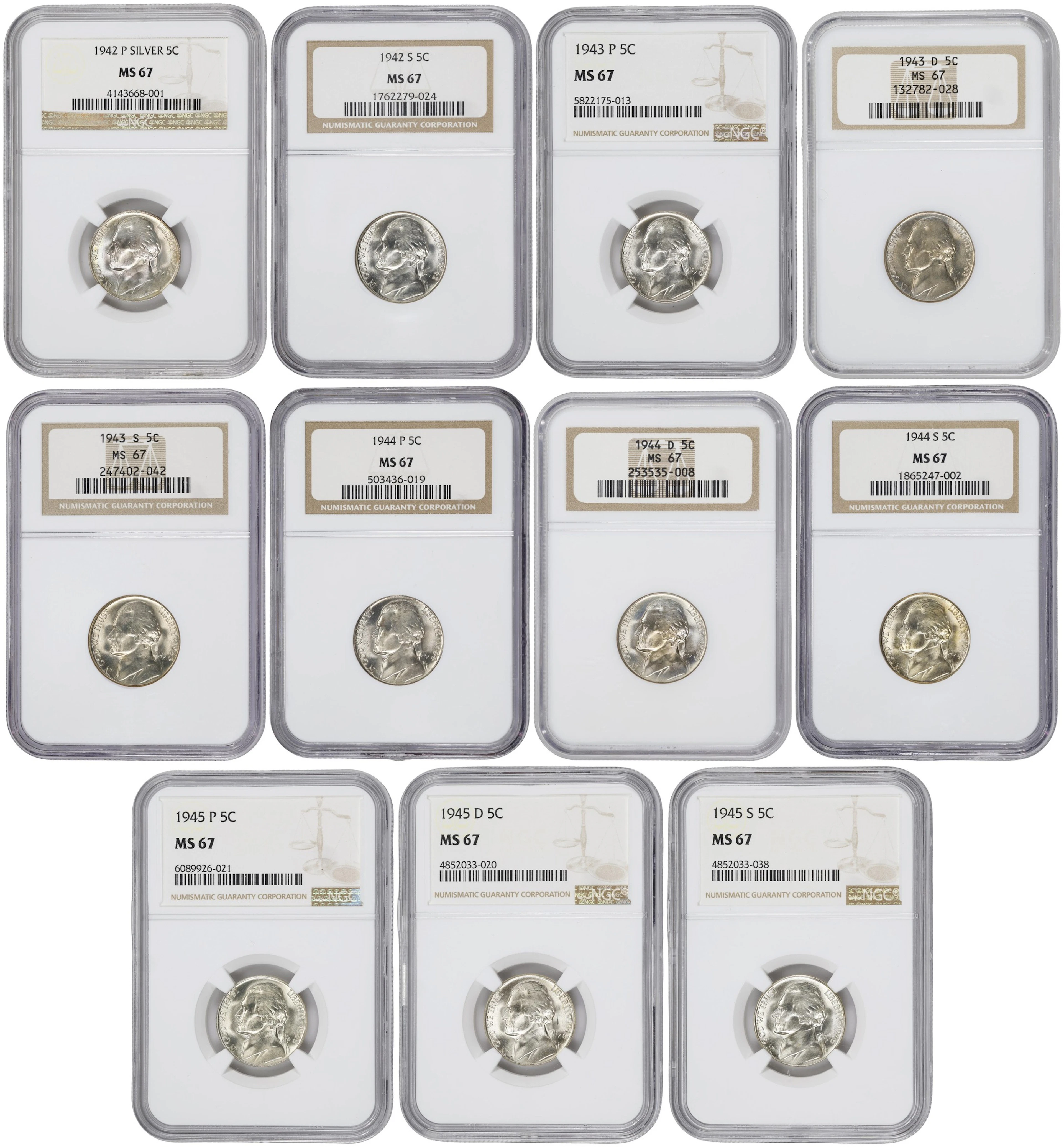 Lot of (11) Wartime Jefferson Nickels. MS-67 (NGC).
