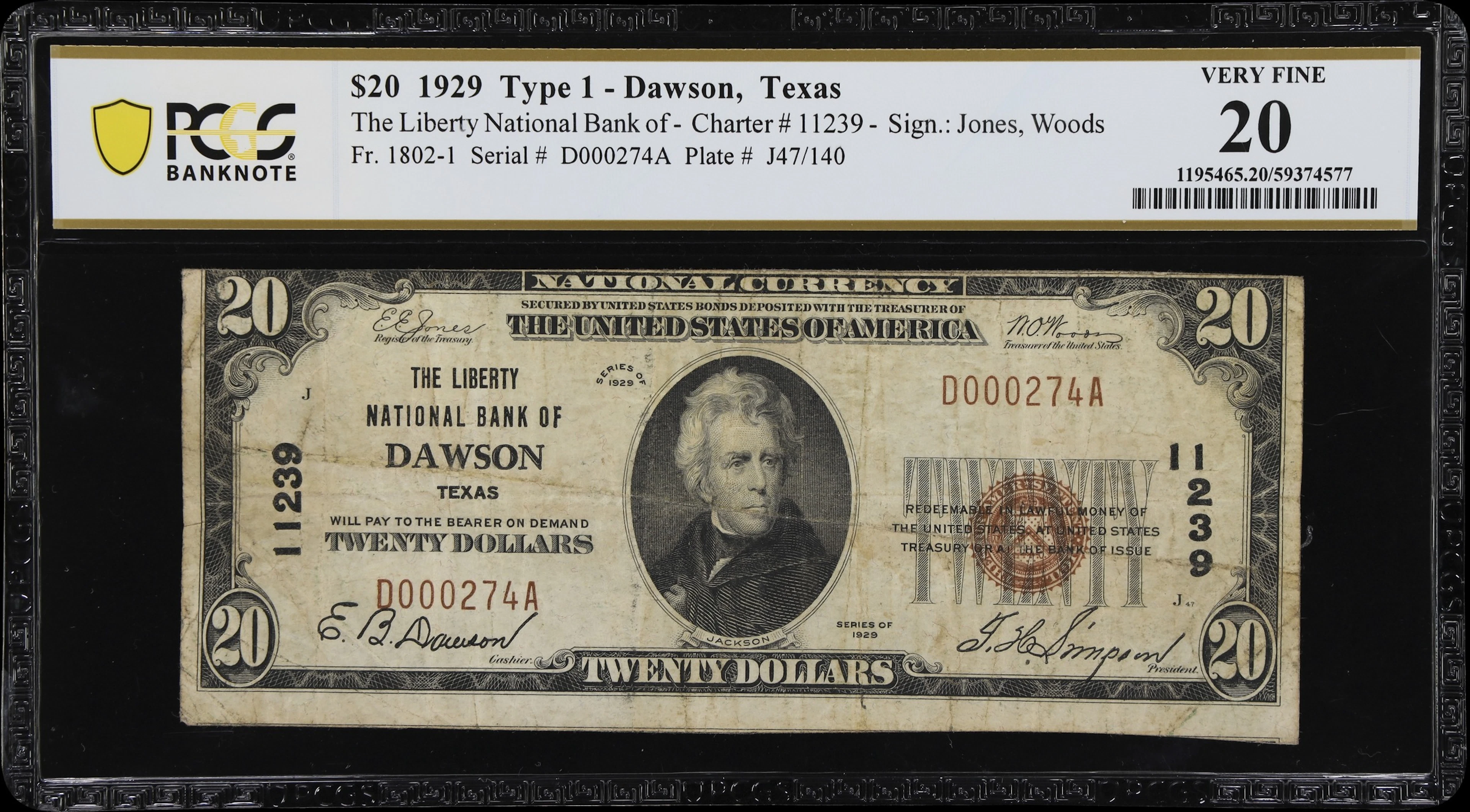 Dawson, Texas. $20 1929 Ty. 1. Fr. 1802-1. Liberty NB. Charter #11239.