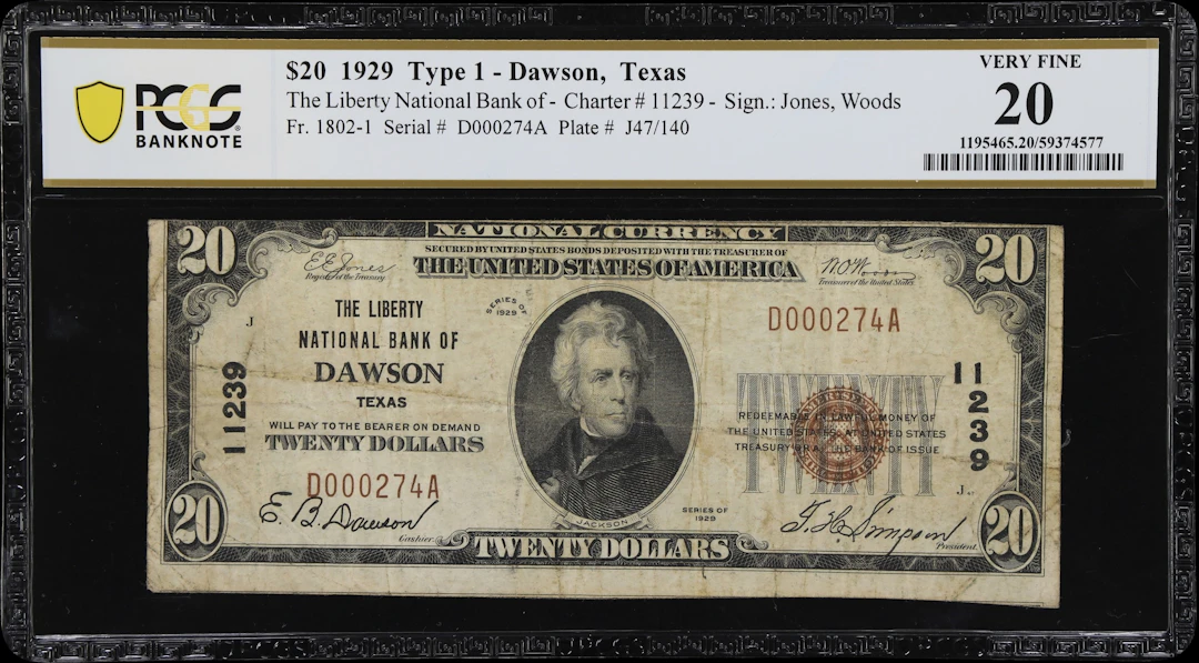 Dawson, Texas. $20 1929 Ty. 1. Fr. 1802-1. Liberty NB. Charter #11239.