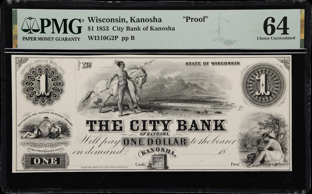 Kanosha, Wisconsin. City Bank of Kanosha. 18xx $1. PMG Choice Uncirculated