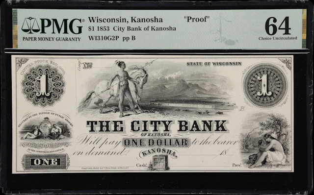 Kanosha, Wisconsin. City Bank of Kanosha. 18xx $1. PMG Choice Uncirculated