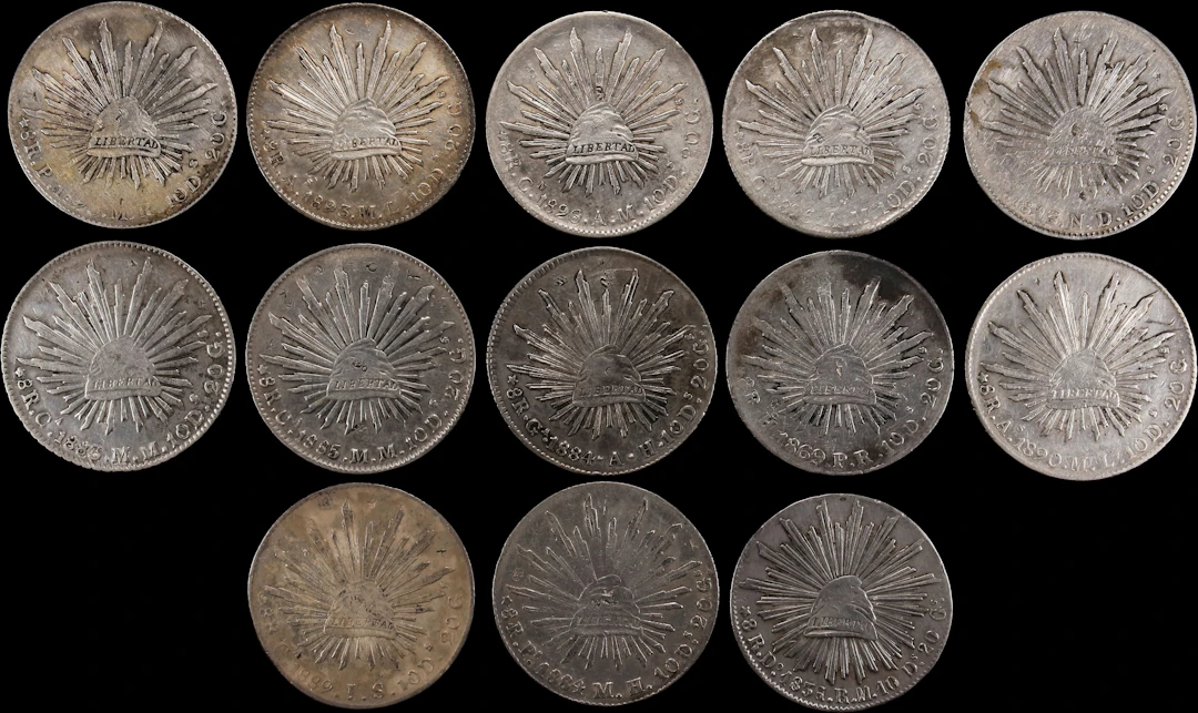 MEXICO. Group of Cap & Ray 8 Reales (13 Pieces), 1836-93. Average