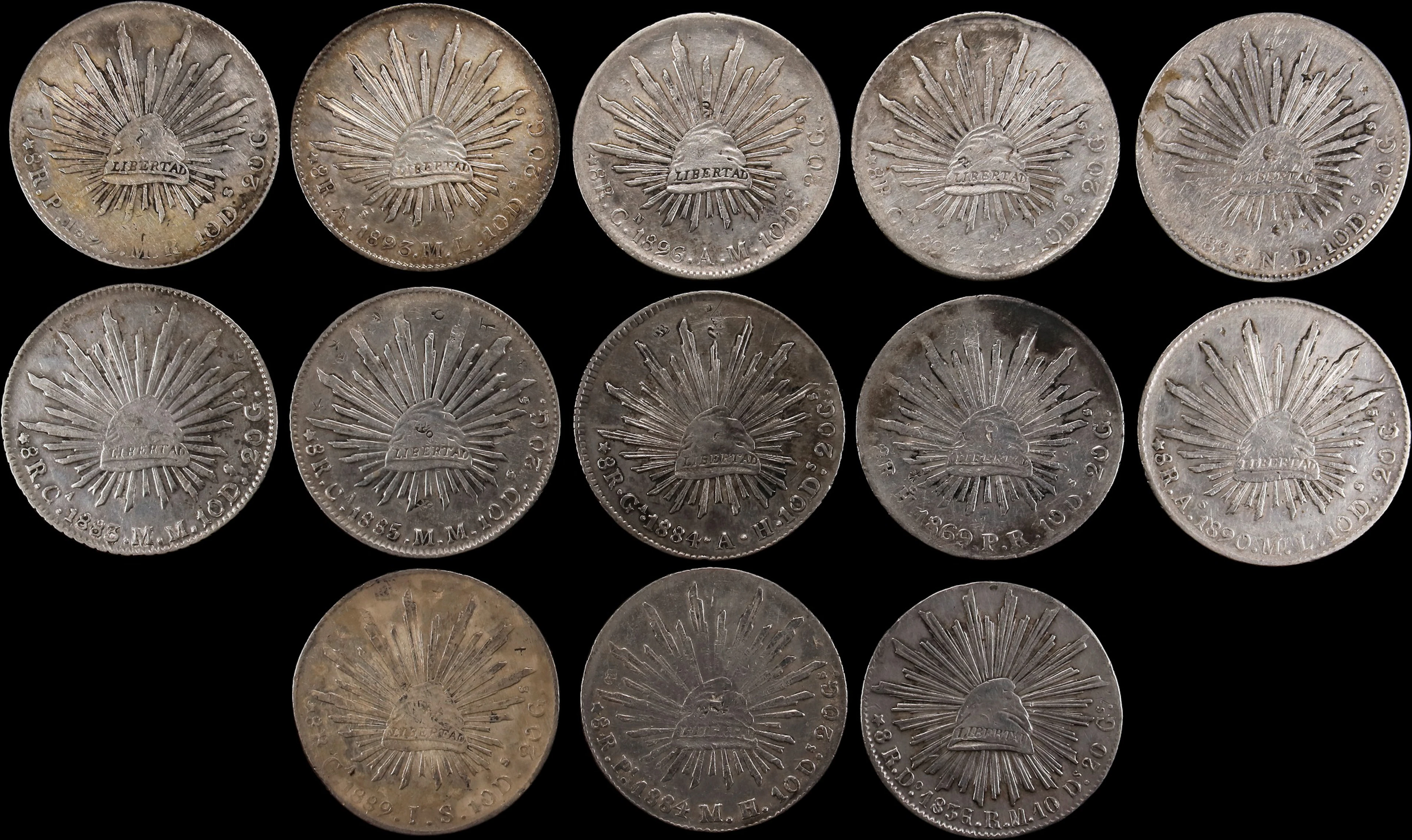 MEXICO. Group of Cap & Ray 8 Reales (13 Pieces), 1836-93. Average