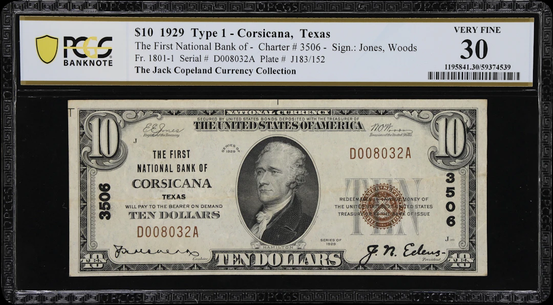 Corsicana, Texas. $10 1929 Ty. 1. Fr. 1801-1. First NB. Charter #3506.