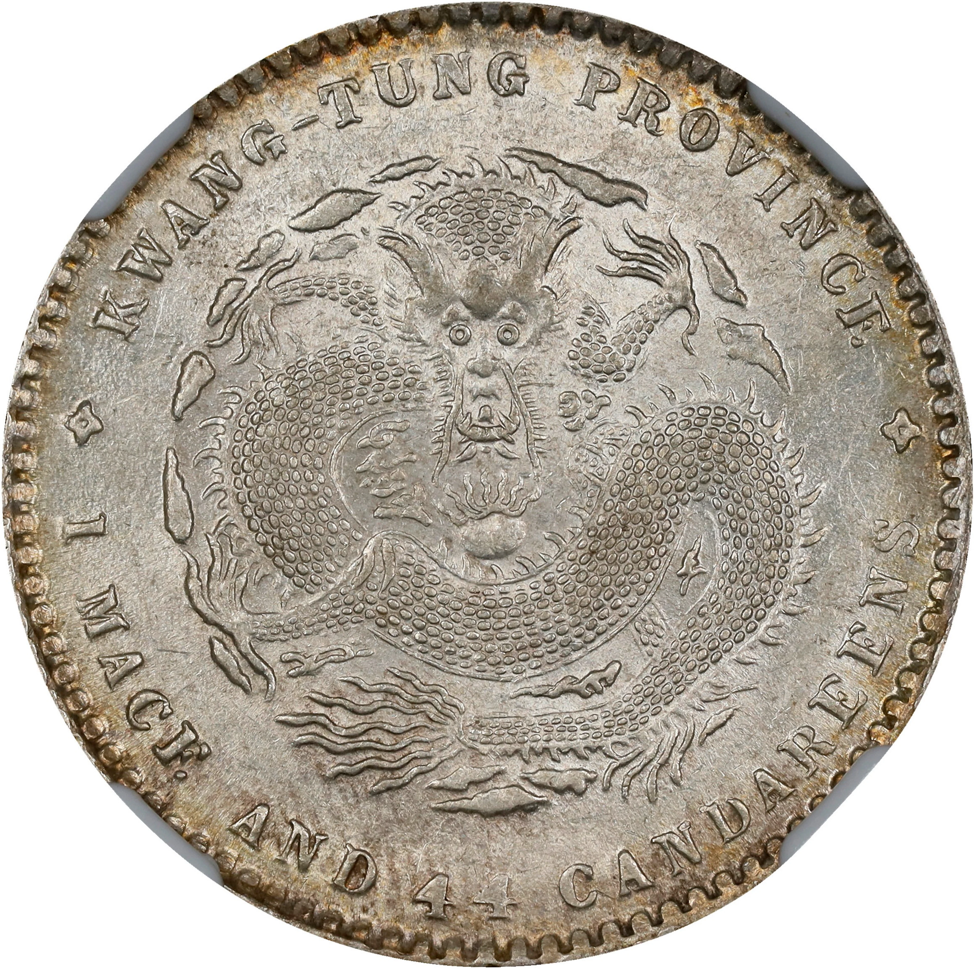 (t) CHINA. Kwangtung. 1 Mace 4.4 Candareens (20 Cents), ND (1909-11).