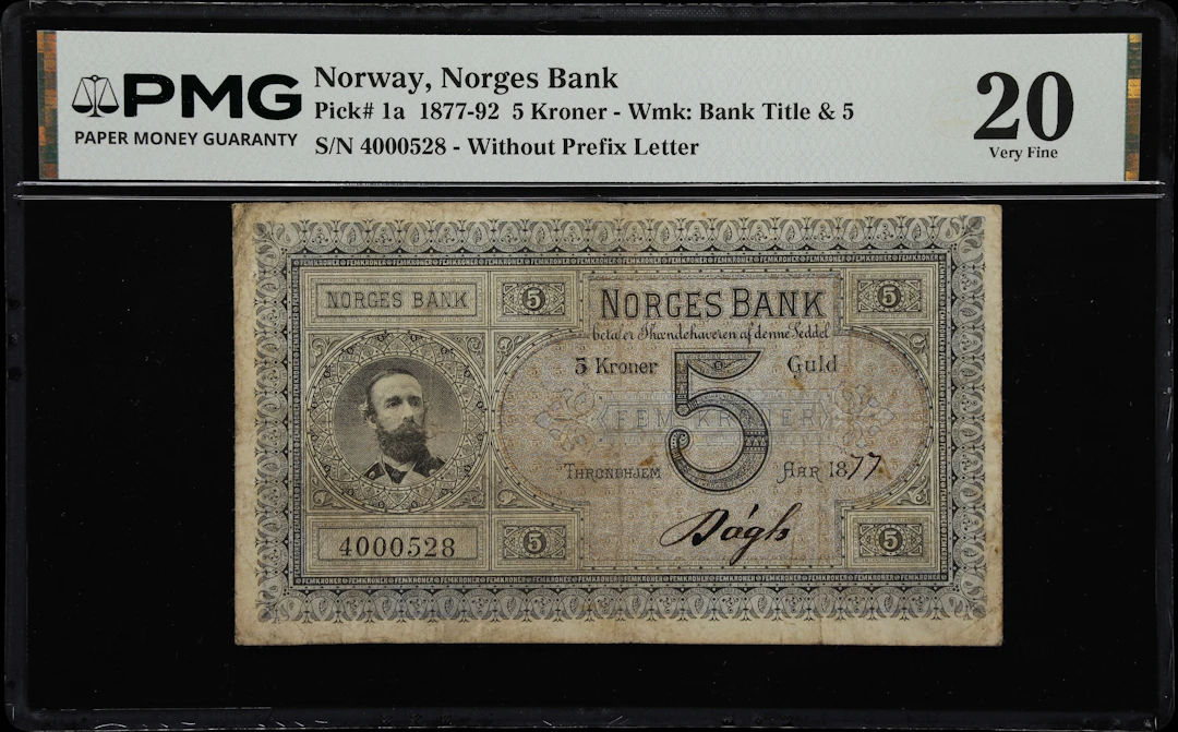 (◊) NORWAY. Norges Bank. 5 Kroner, 1877. P-1a. PMG Very Fine 20.