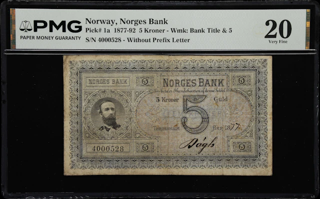 (◊) NORWAY. Norges Bank. 5 Kroner, 1877. P-1a. PMG Very Fine 20.