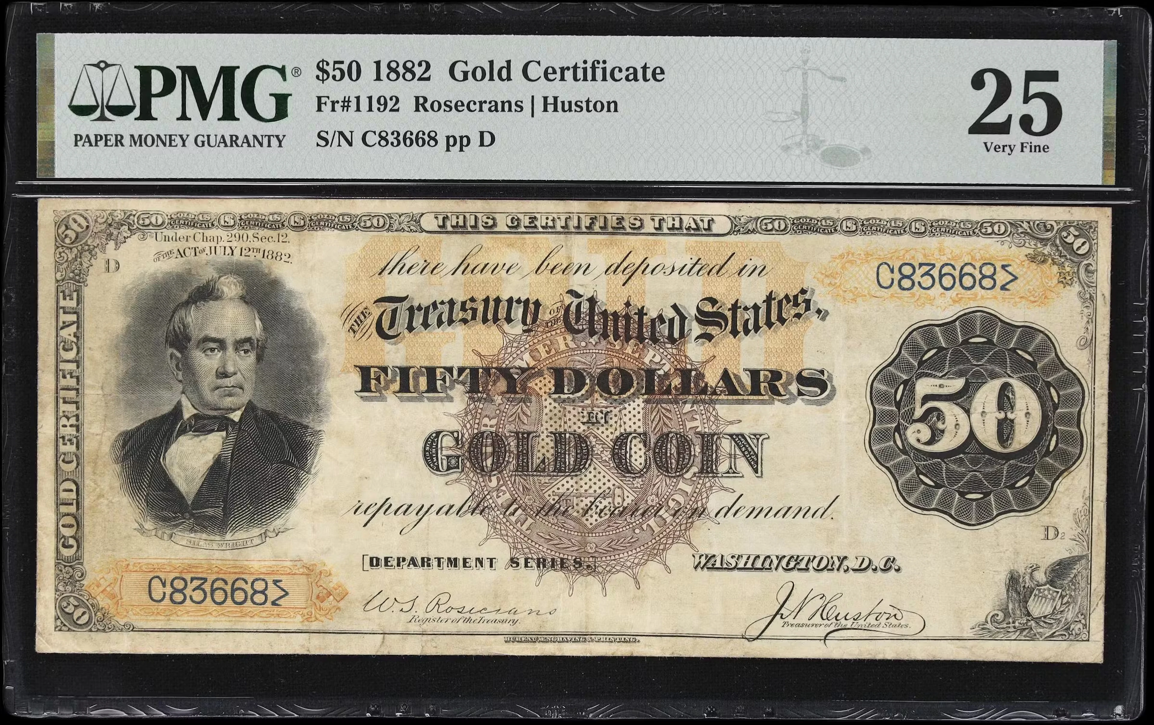 Fr. 1192. 1882 $50 Gold Certificate. PMG Very Fine 25.