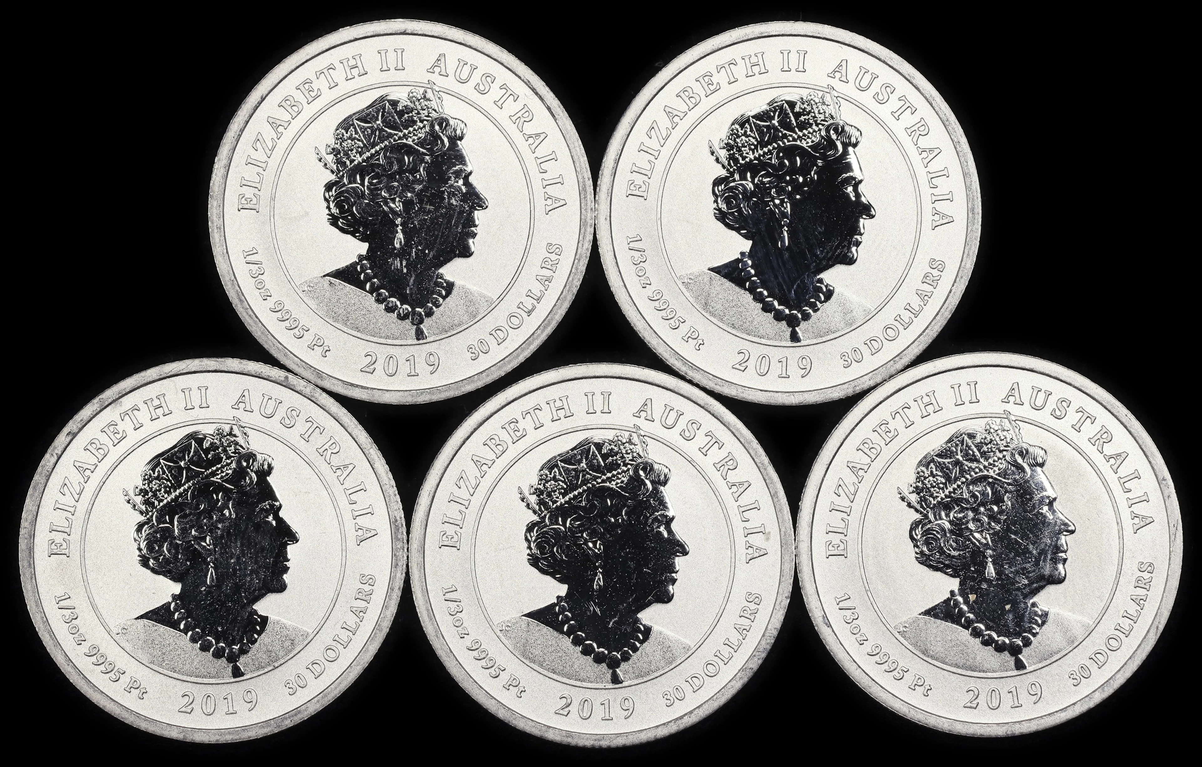 (1.667 oz, 51.84 g APtW). Australia. Lot of (5) 2019 Humpback Whale