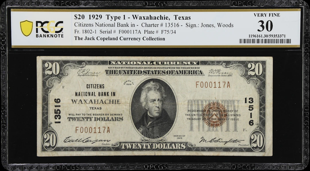 Waxahachie, Texas. $20 1929 Ty. 1. Fr. 1802-1. Citizens NB. Charter