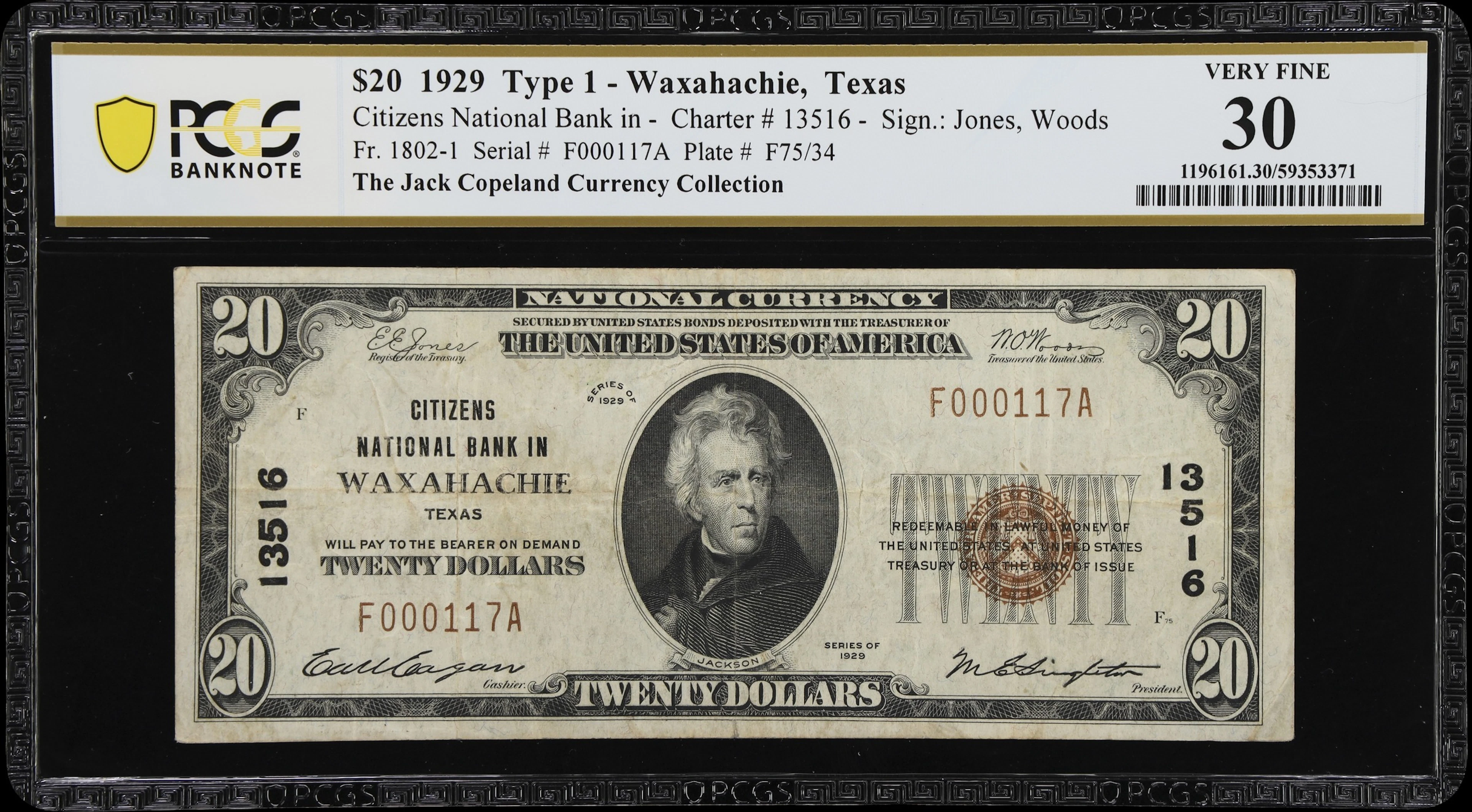 Waxahachie, Texas. $20 1929 Ty. 1. Fr. 1802-1. Citizens NB. Charter